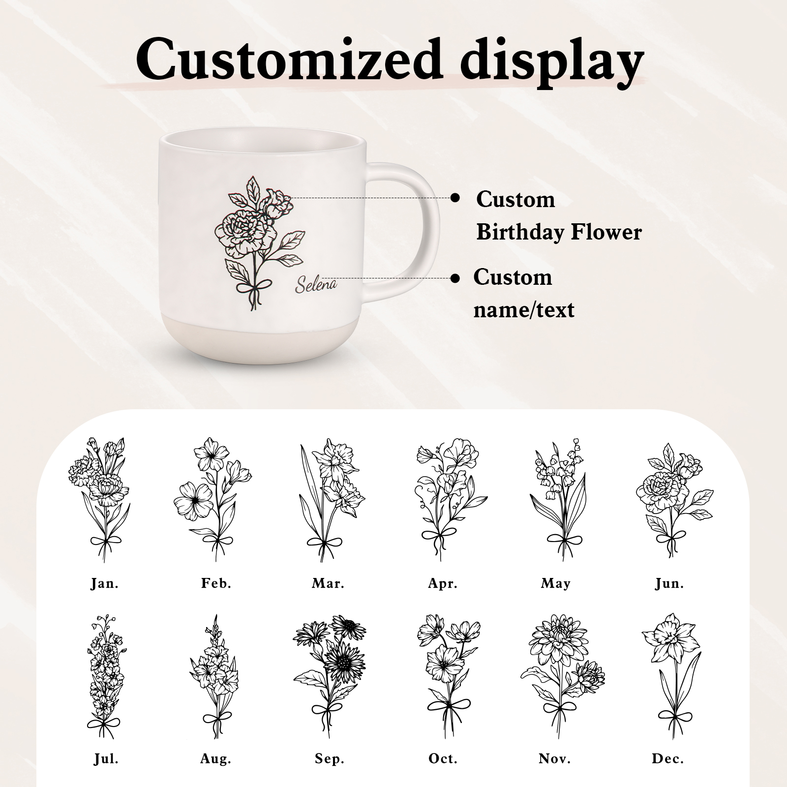 Tazza in ceramica con firoe di nascita e 1 nome personalizzabili per coppia/nonna/mamma multicolori da scegliere