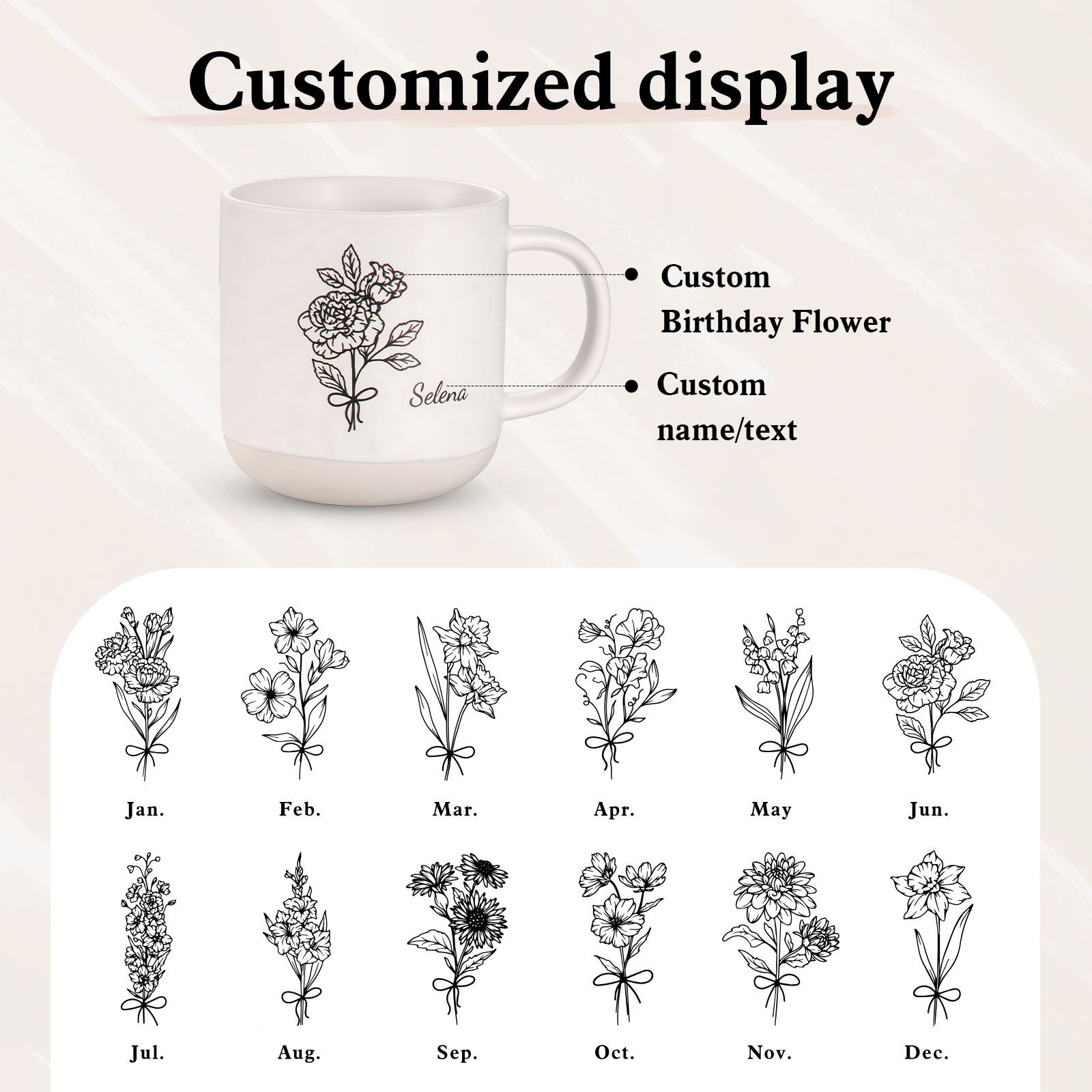 Tazza in ceramica con firoe di nascita e 1 nome personalizzabili per coppia/nonna/mamma multicolori da scegliere