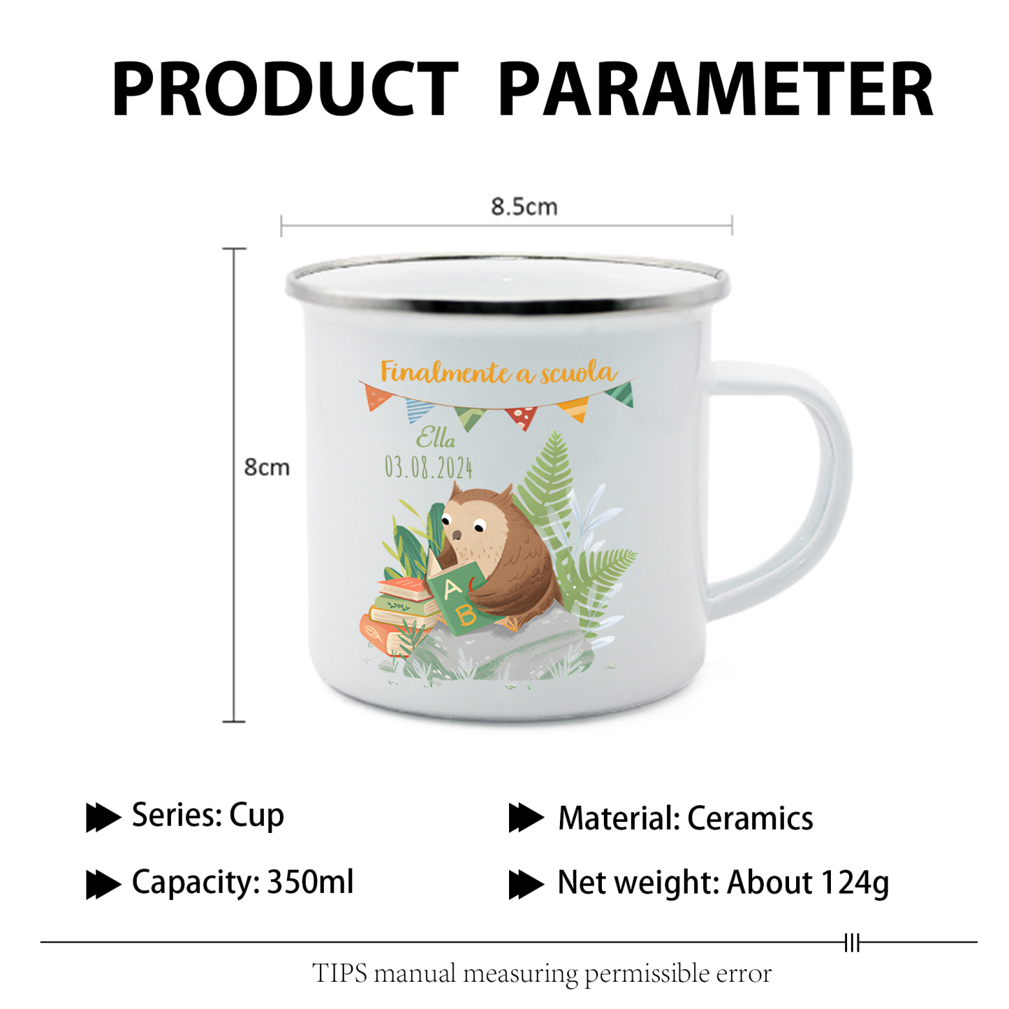 Finalmente a scuola-Tazza di ceramica Gufo personalizzato con 1 nome e 1 data Regalo Per bambina a scuola