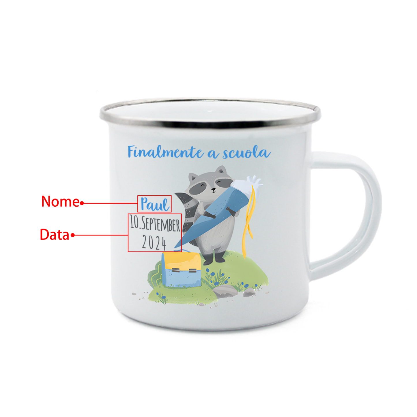 Finalmente a scuola-Tazza di ceramica Procione personalizzato con 1 nome e 1 data Regalo Per bambina a scuola