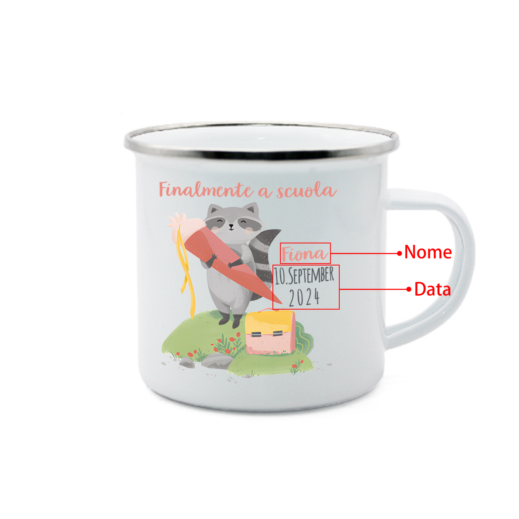 Finalmente a scuola-Tazza di ceramica Procione personalizzato con 1 nome e 1 data Regalo Per bambina a scuola
