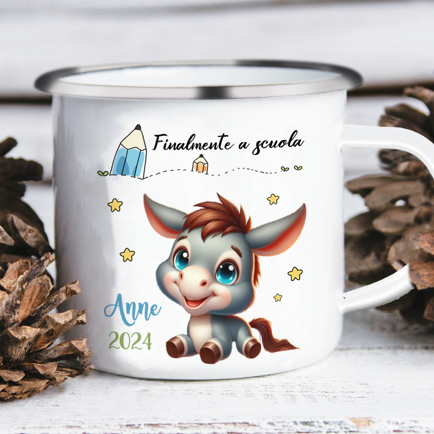 Finalmente a scuola-Tazza di ceramica Asino personalizzato con 1 nome e 1 data Regalo Per bambina a scuola