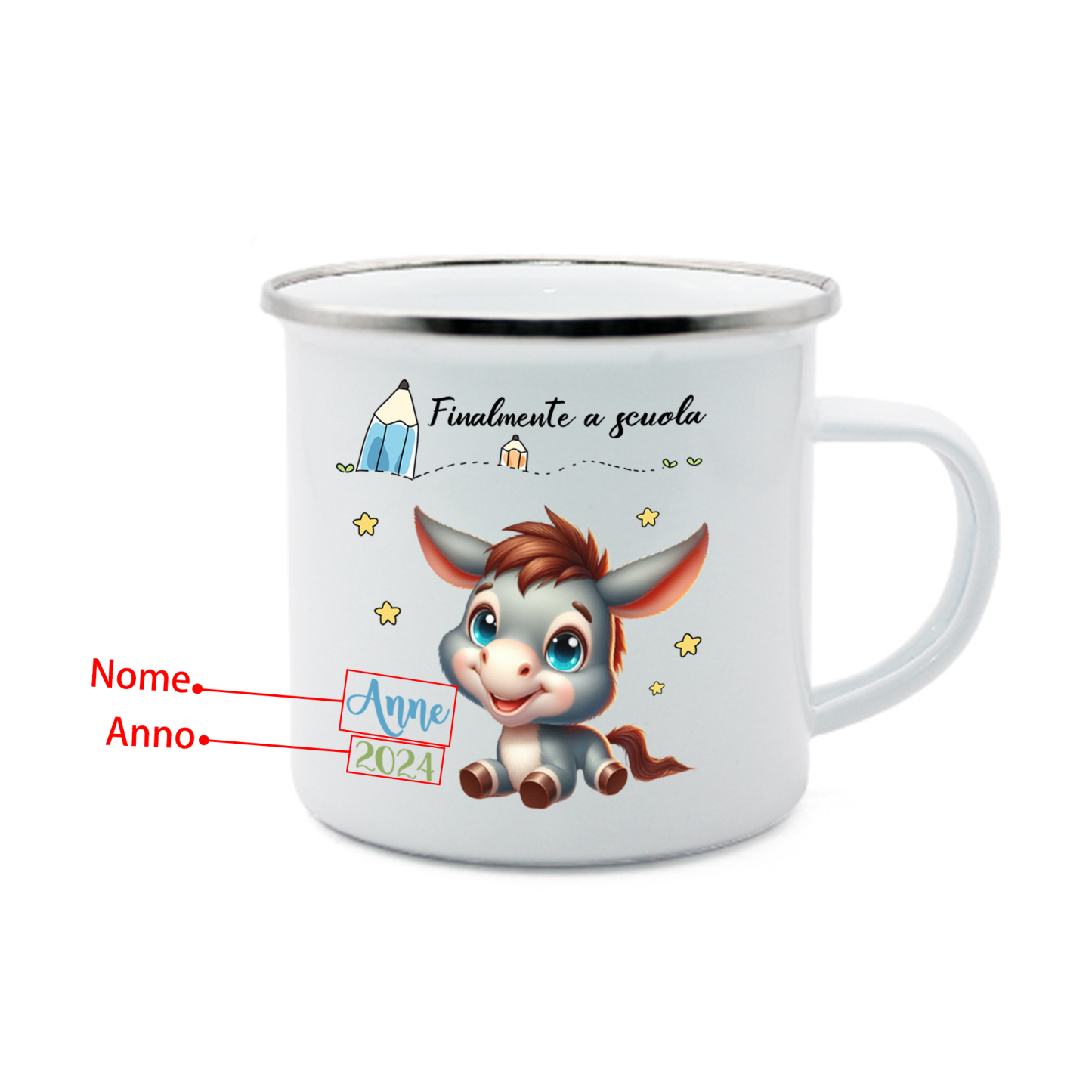 Finalmente a scuola-Tazza di ceramica Asino personalizzato con 1 nome e 1 data Regalo Per bambina a scuola