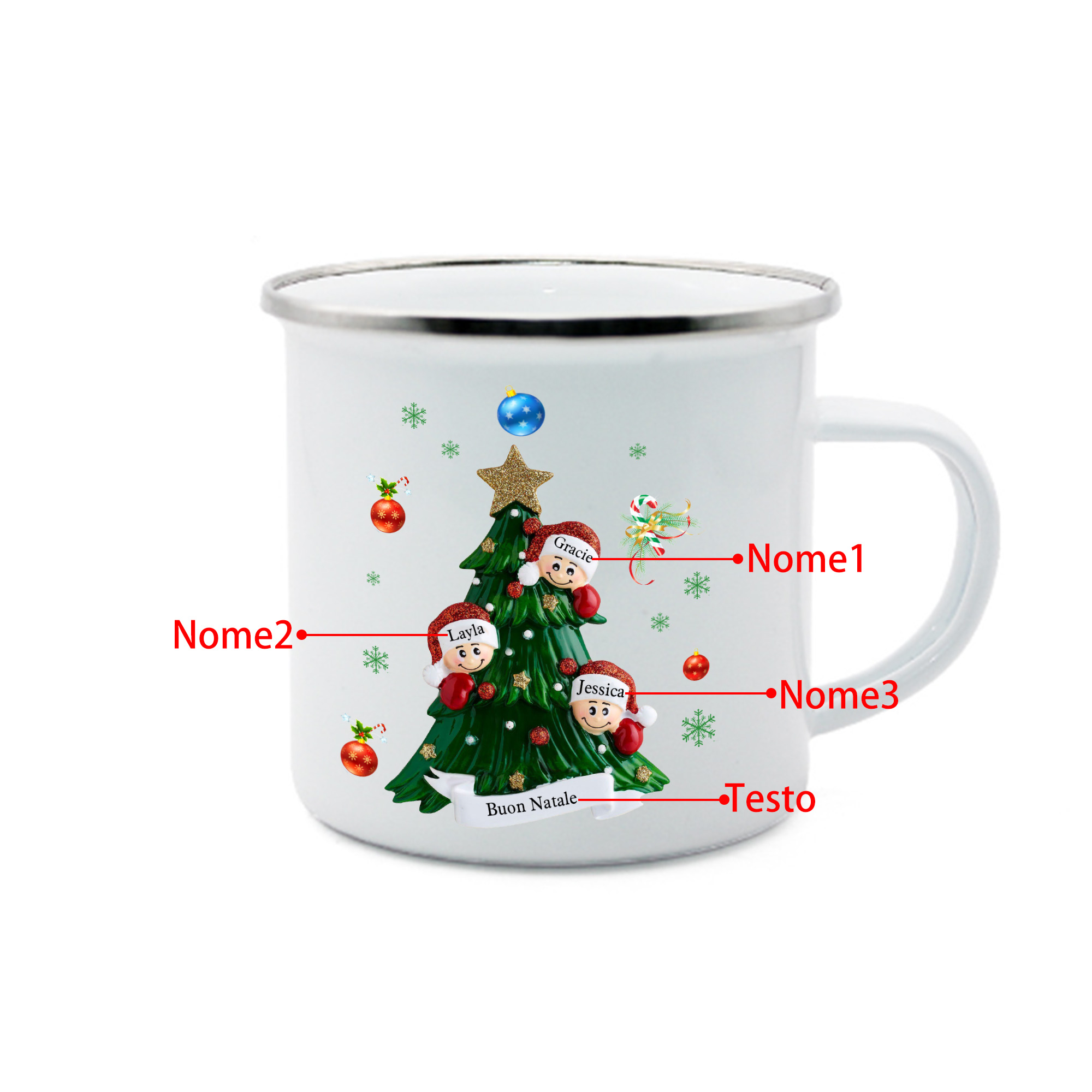 Tazza smaltata personalizzata per la famiglia personalizzata con 2-8 nomi e 1 testo regalo natalizio per la famiglia | Jessemade