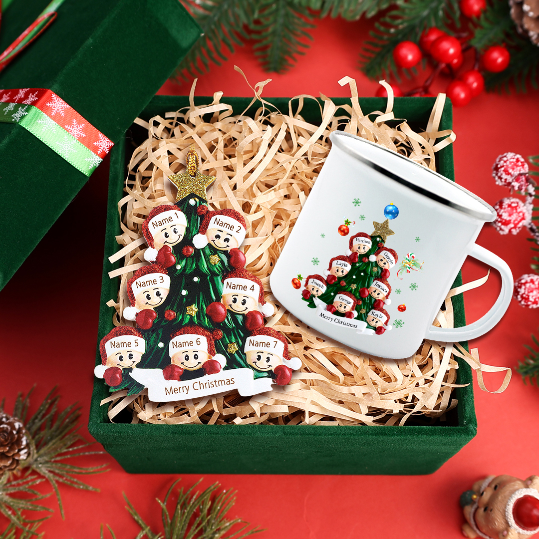 Personalized Family Enamel Cup & Ornament Set – Custom 7 Names & 1 Text Gift Box Christmas Gift for Family | Jessemade
