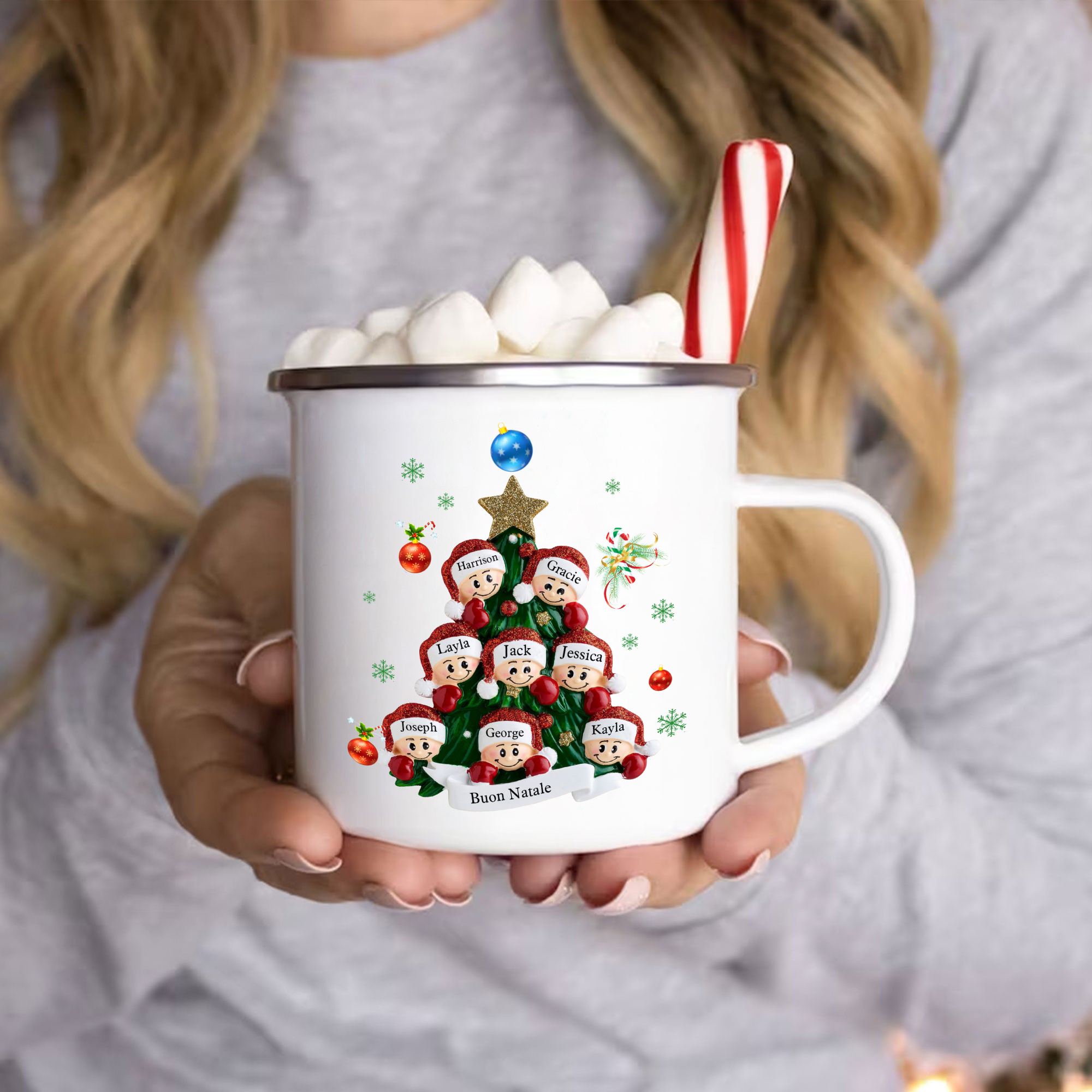 Tazza smaltata personalizzata per la famiglia personalizzata con 2-8 nomi e 1 testo regalo natalizio per la famiglia | Jessemade