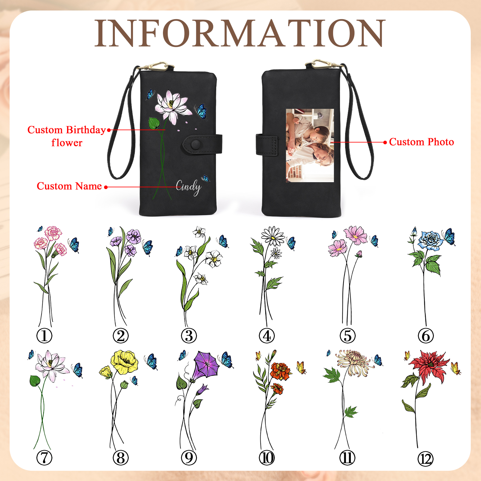 Personalised Women’s Wallet with Custom Name, Photo, and Birth Flower – Multiple Colour Options – Valentine’s Day Gift for Her | Jessemade