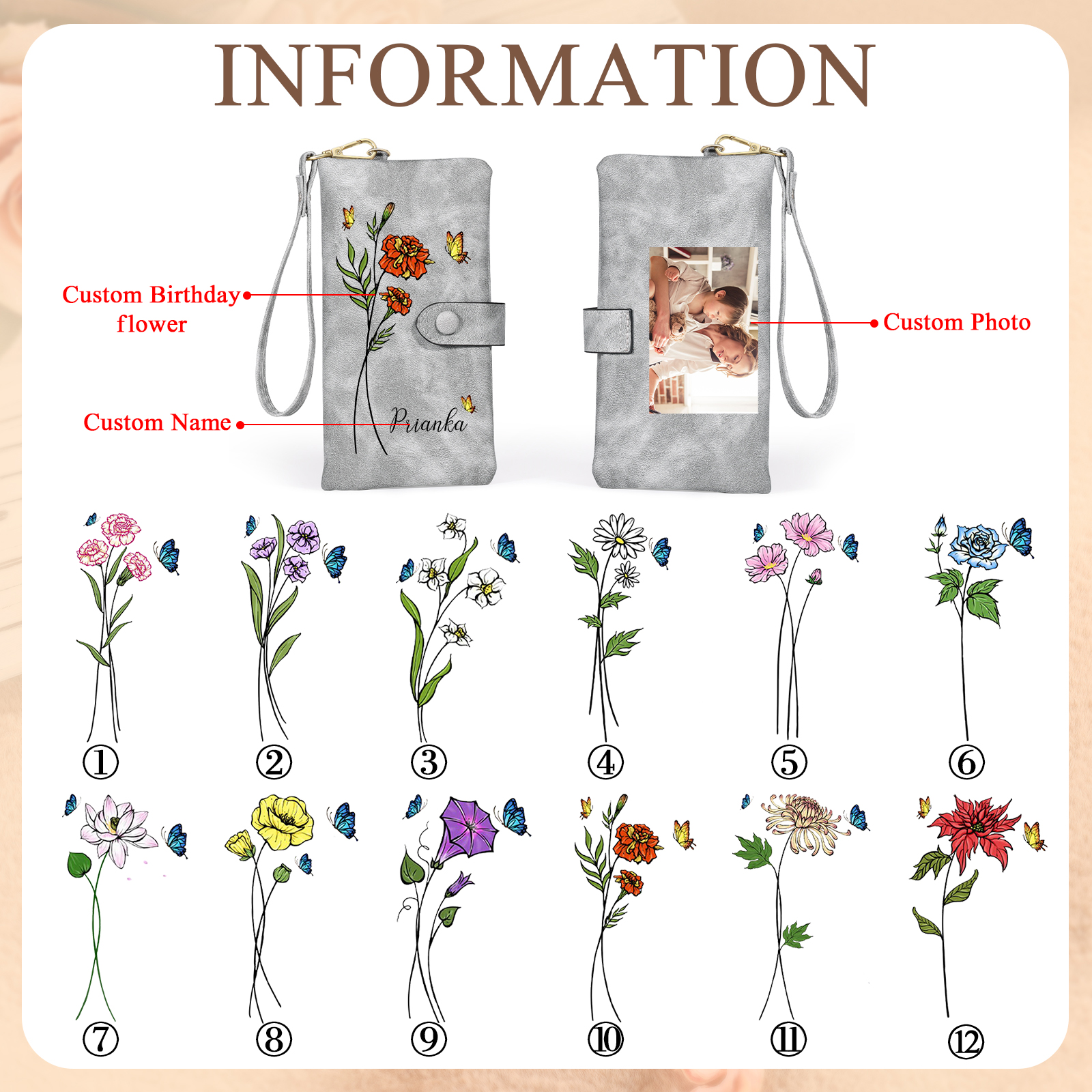 Personalised Women’s Wallet with Custom Name, Photo, and Birth Flower – Multiple Colour Options – Valentine’s Day Gift for Her | Jessemade