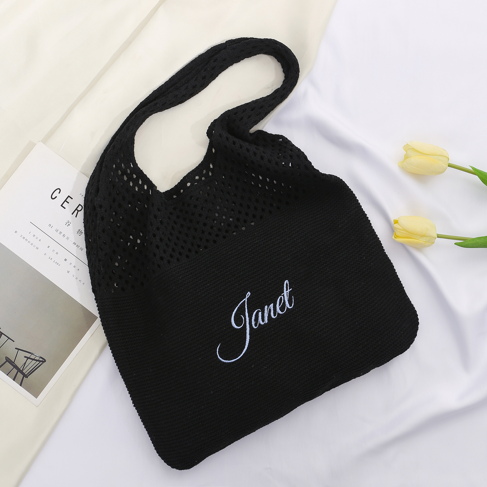 Borsa a Spalla in Maglia Personalizzata con Nome - Leggera e alla Moda in Nero e Bianco - Regalo di Natale per Lei | Jessemade
