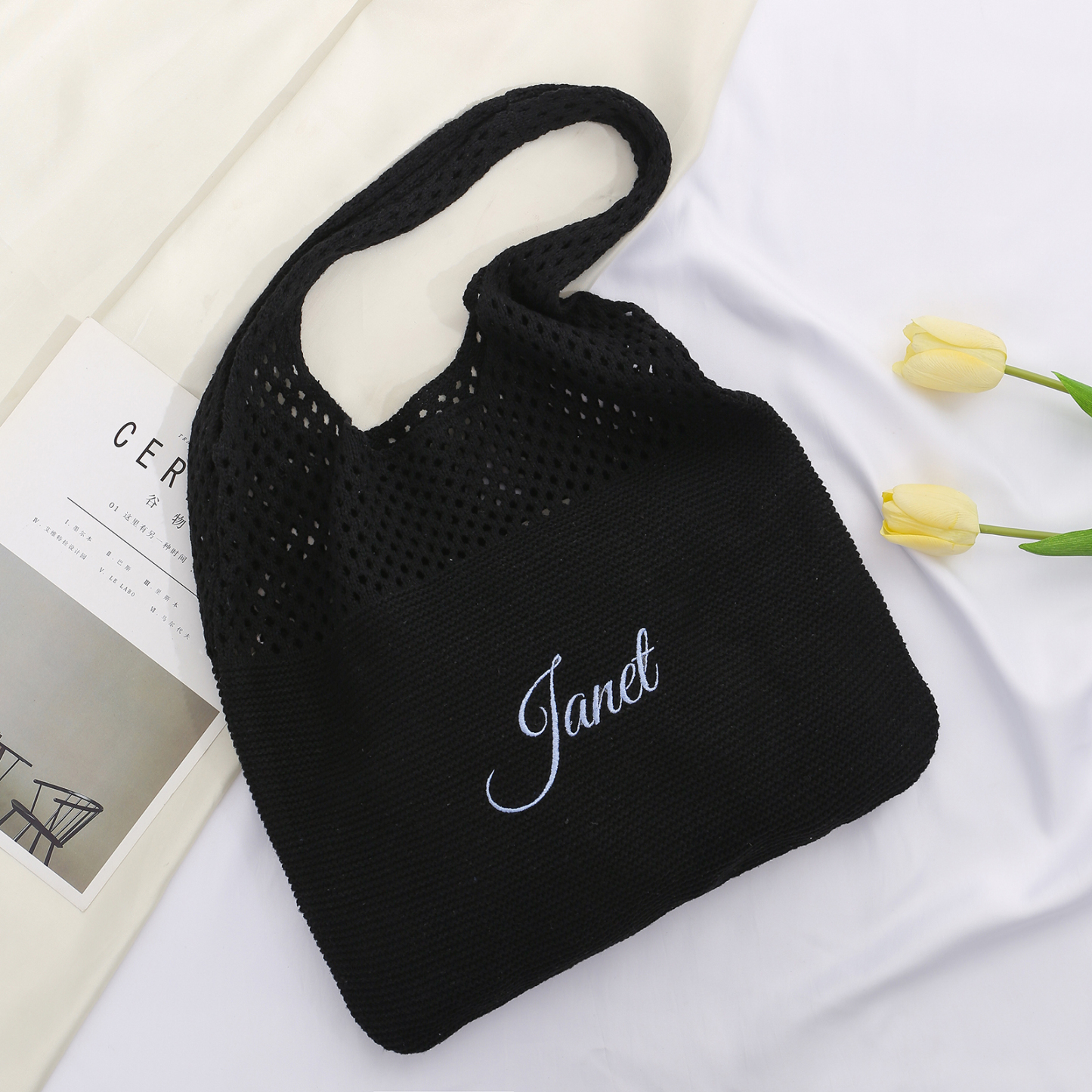 Borsa a Spalla in Maglia Personalizzata con Nome - Leggera e alla Moda in Nero e Bianco - Regalo di Natale per Lei | Jessemade