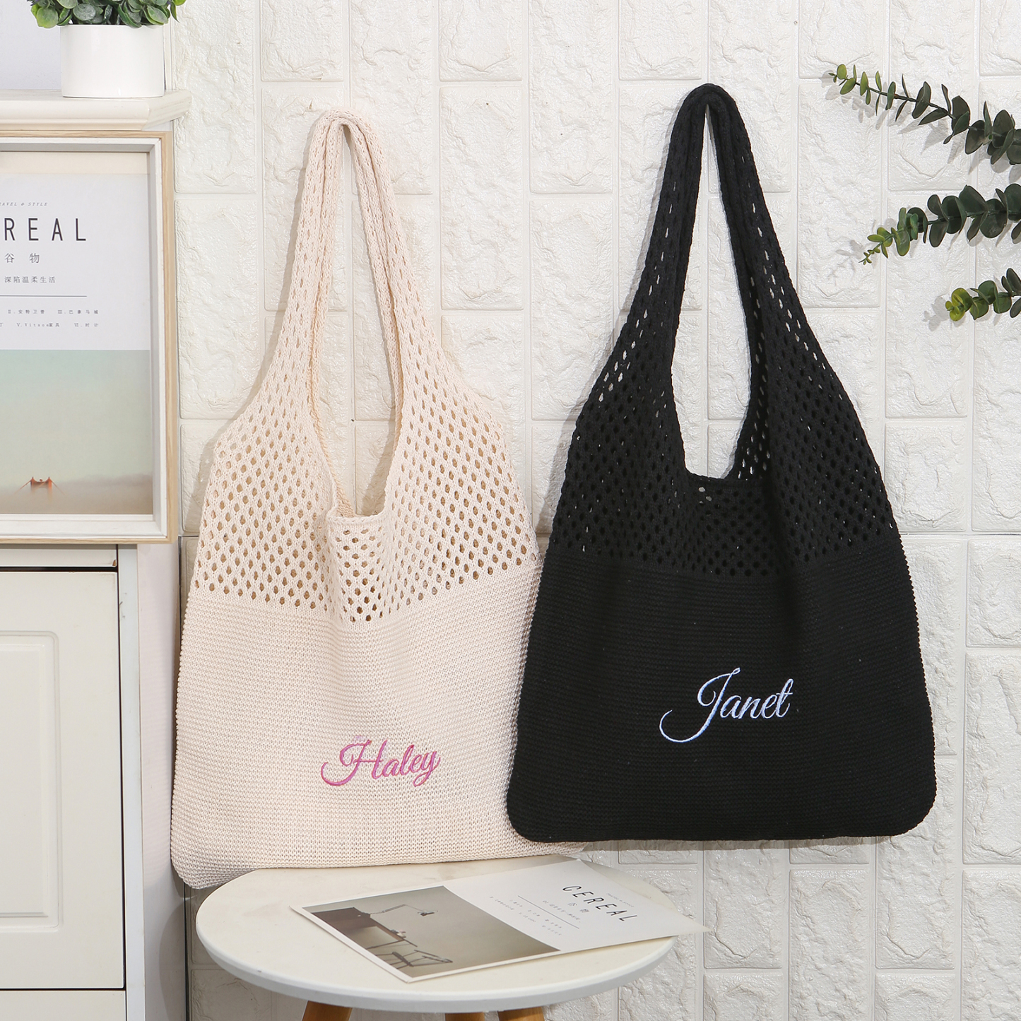 Borsa a Spalla in Maglia Personalizzata con Nome - Leggera e alla Moda in Nero e Bianco - Regalo di Natale per Lei | Jessemade