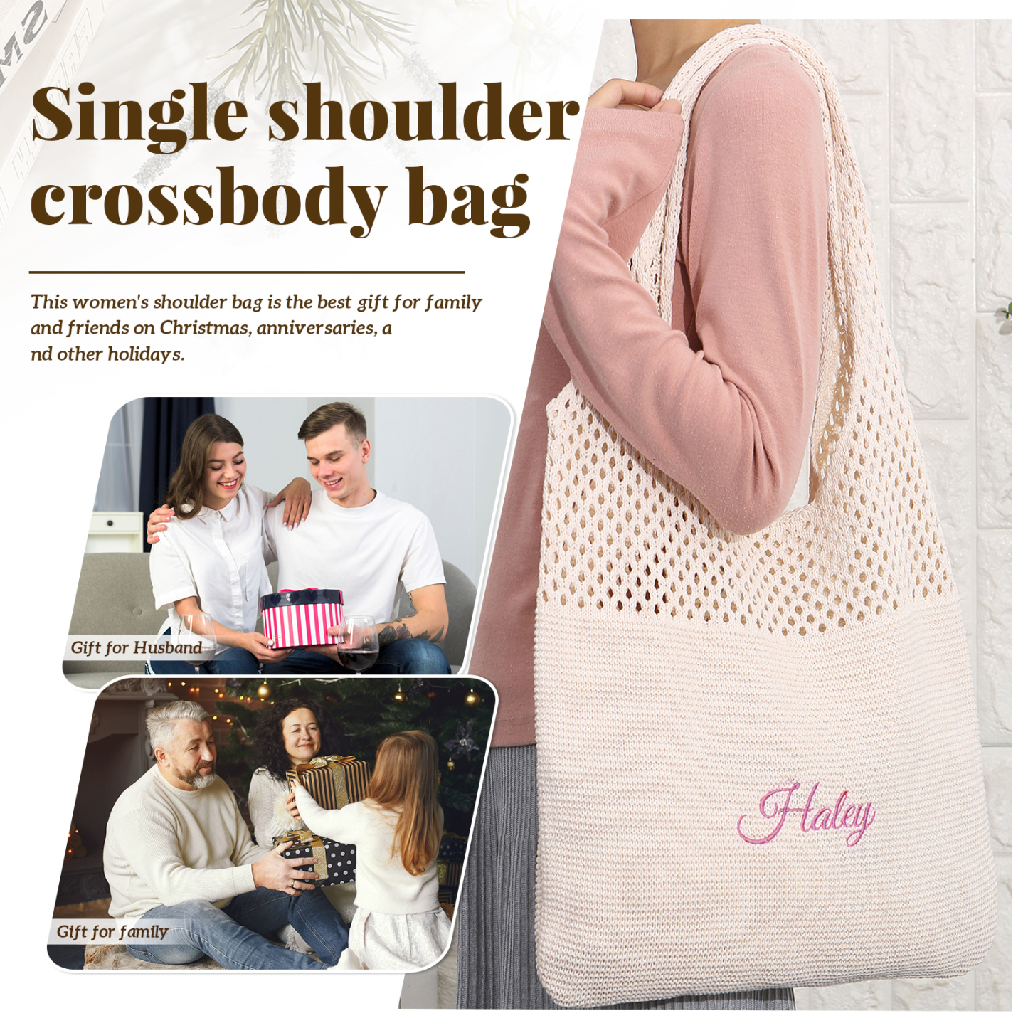 Borsa a Spalla in Maglia Personalizzata con Nome - Leggera e alla Moda in Nero e Bianco - Regalo di Natale per Lei | Jessemade