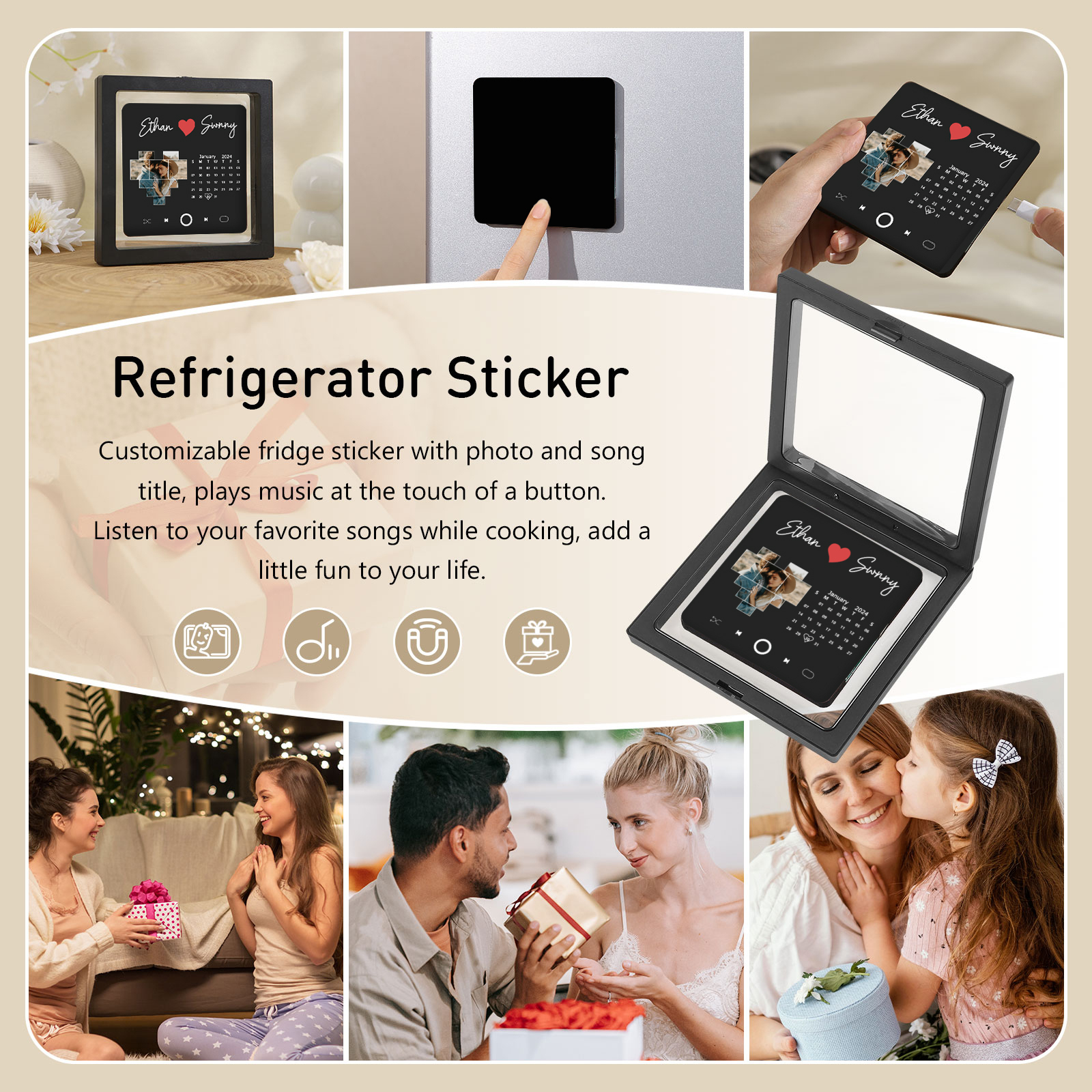 Personalised Photo Fridge Magnet with Custom 2 Names & 1 Date– Elegant Gift for Couples in Black or Color | Jessemade