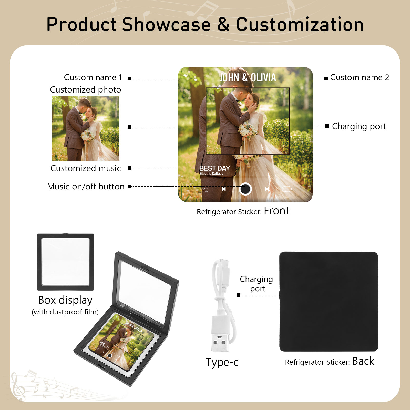 Personalised 1-Photo Fridge Magnet with Song & Names – A Romantic Keepsake Gift for Couple | Jessemade