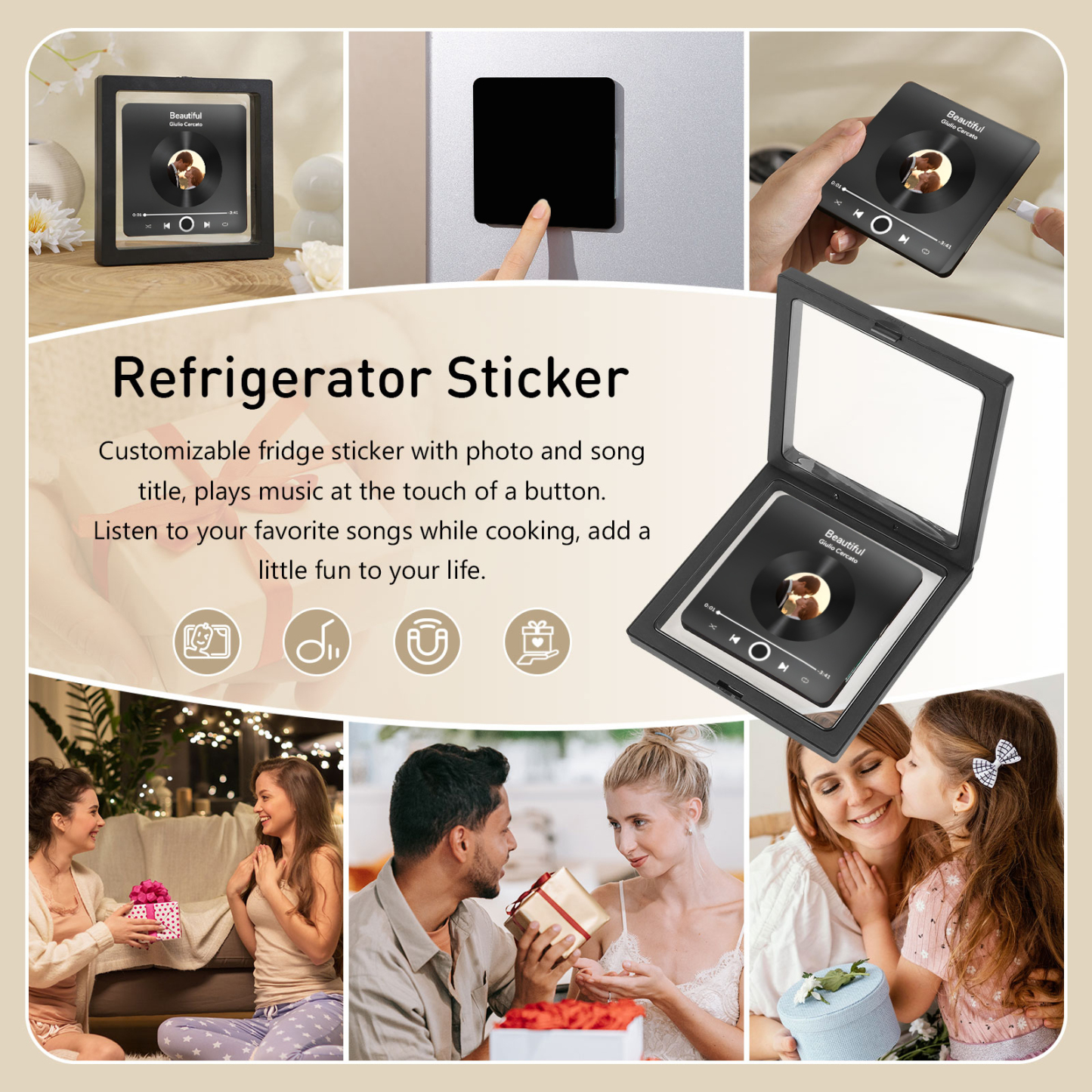 Personalised Photo Fridge Magnet with Favorite Song – Elegant Gift for Couples in Black or Color | Jessemade