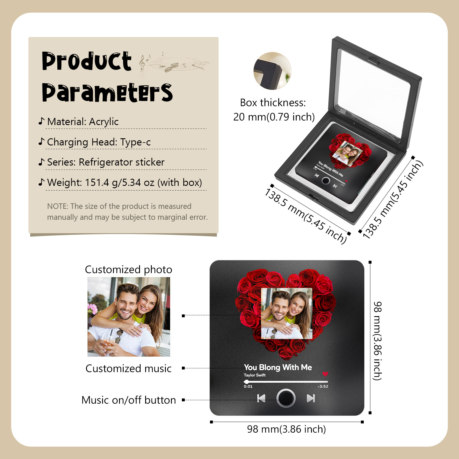 Personalised Photo Fridge Magnet with Favorite Song – Elegant Gift for Couples in Black/Color/Matt Black/Red | Jessemade