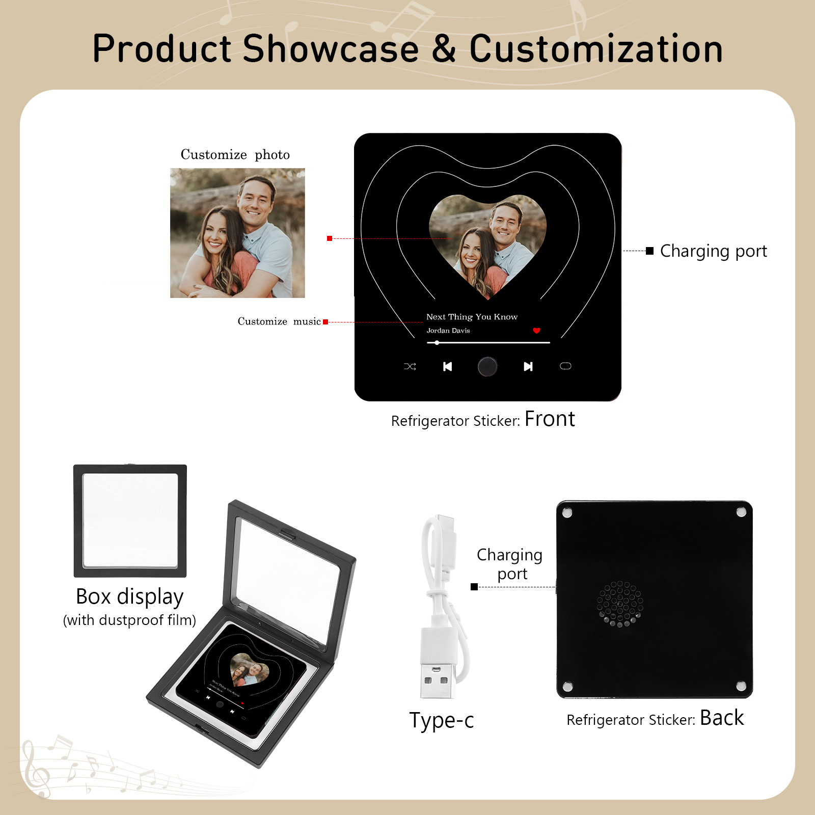 Magnete Personalizzato da Frigorifero a Forma di Cuore con 1 Foto e 1 Canzone – Regalo di San Valentino per Lei/Lui | Jessemade