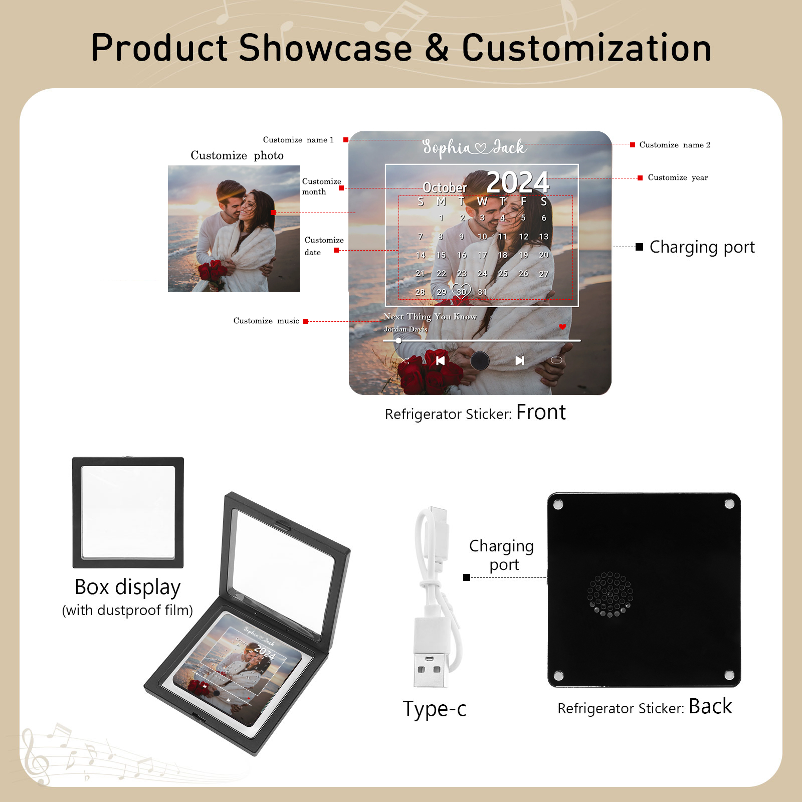 Magnete Personalizzato da Frigorifero con 1 Foto, 2 Nomi, 1 Data e 1 Canzone – Regalo di San Valentino per Lei/Lui | Jessemade