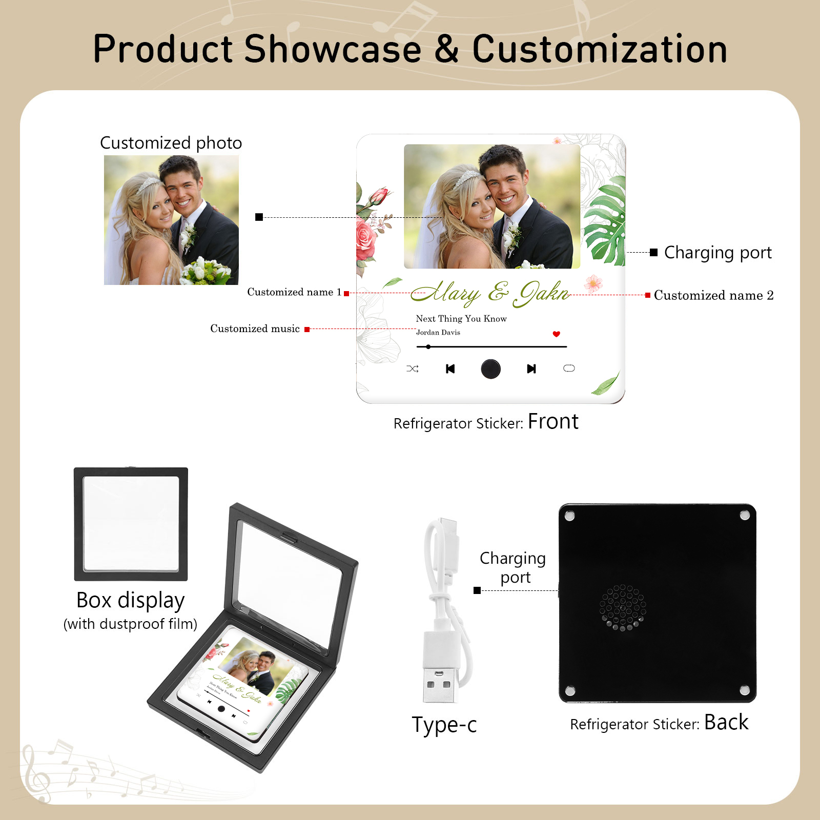 Magnete Personalizzato da Frigorifero con 1 Foto, 2 Nomi e 1 Canzone – Regalo di San Valentino per Lei/Lui | Jessemade