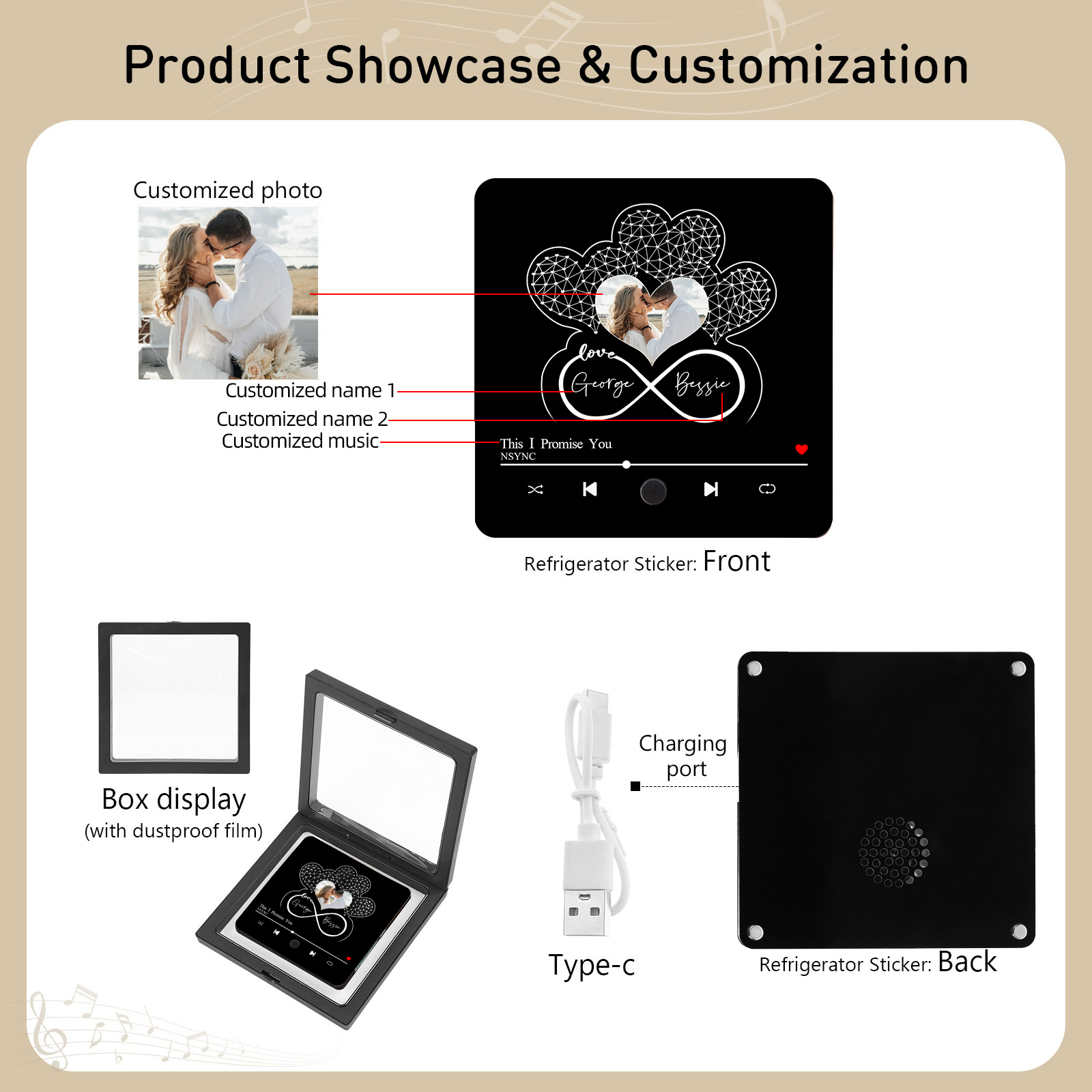 Magnete Personalizzato da Frigorifero con 1 Foto, 2 Nomi e Canzone – Regalo di San Valentino per Lei/Lui | Jessemade