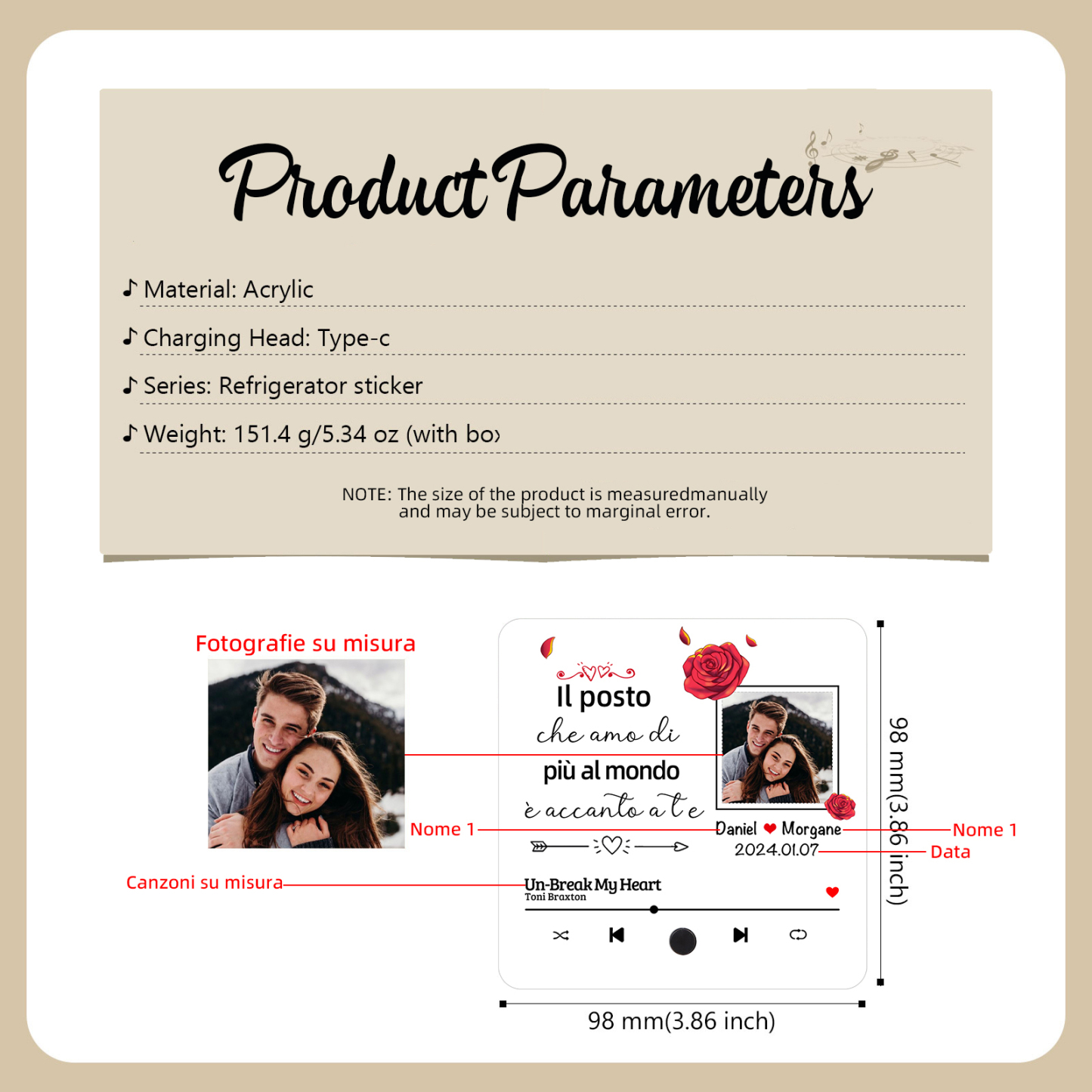 Magnete da Frigorifero Personalizzato con Musica – Con 2 Nomi, 1 Foto, 1 Data Speciale e 1 Canzone Preferita – “Il posto che amo di più al mondo è accanto a te” – Regalo di San Valentino per Lui/Lei | Jessemade