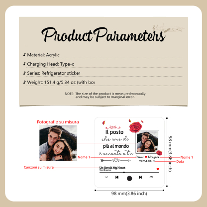 Magnete da Frigorifero Personalizzato con Musica – Con 2 Nomi, 1 Foto, 1 Data Speciale e 1 Canzone Preferita – “Il posto che amo di più al mondo è accanto a te” – Regalo di San Valentino per Lui/Lei | Jessemade