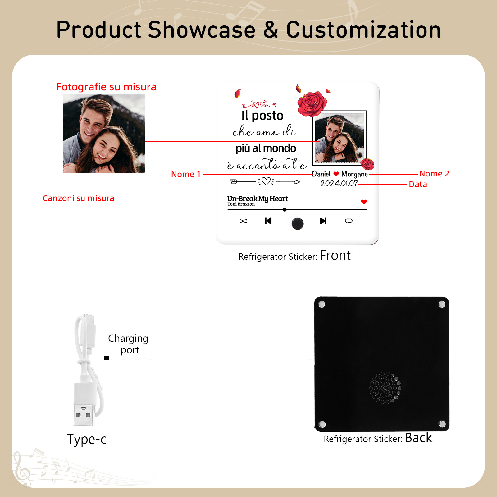 Magnete da Frigorifero Personalizzato con Musica – Con 2 Nomi, 1 Foto, 1 Data Speciale e 1 Canzone Preferita – “Il posto che amo di più al mondo è accanto a te” – Regalo di San Valentino per Lui/Lei | Jessemade