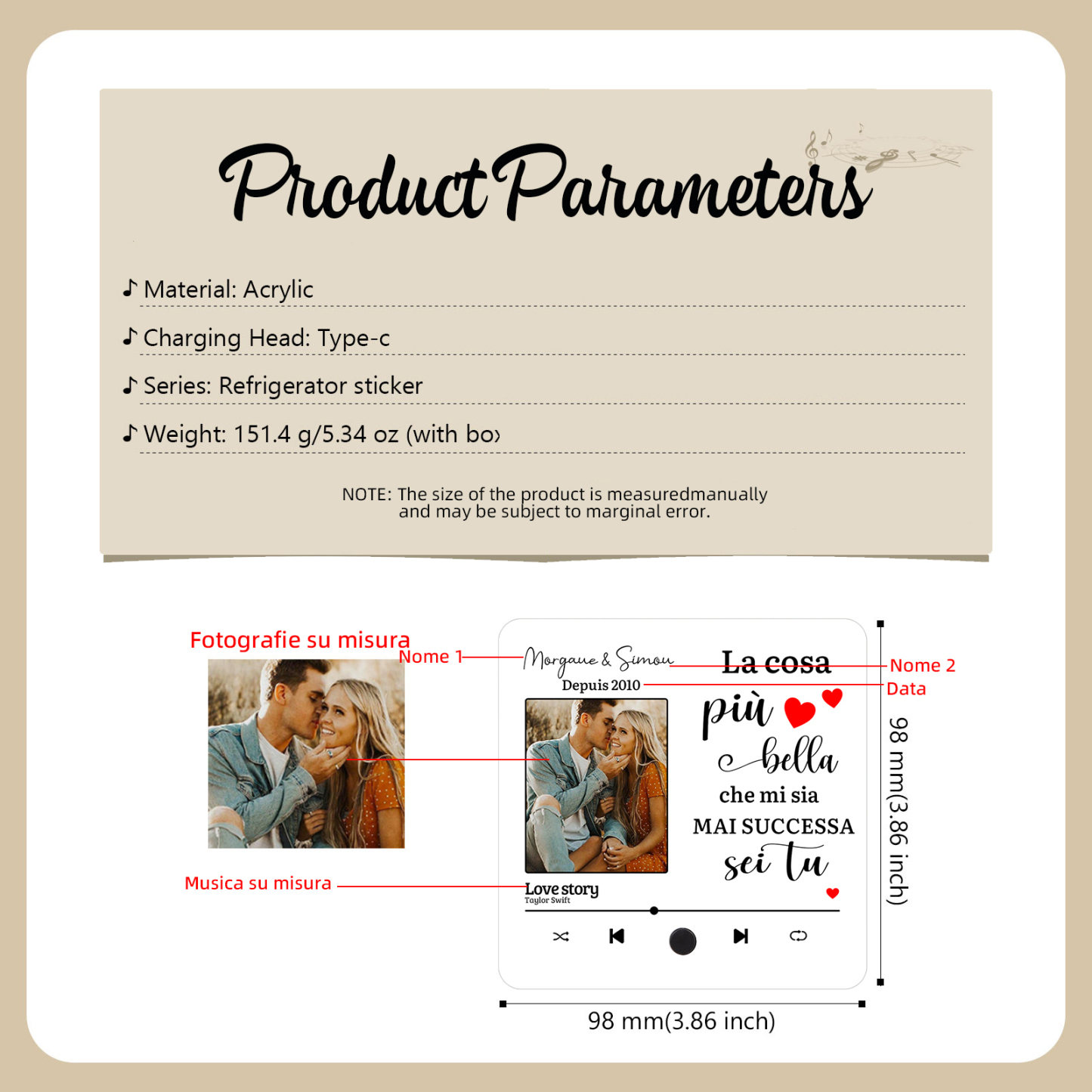 Magnete Personalizzato da Frigorifero con 2 Nomi, 1 Foto, 1 Data e 1 Canzone Preferita – “La Cosa Più Bella che mi sia Mai Successa Sei Tu” – Regalo di San Valentino per Lui/Lei | Jessemade