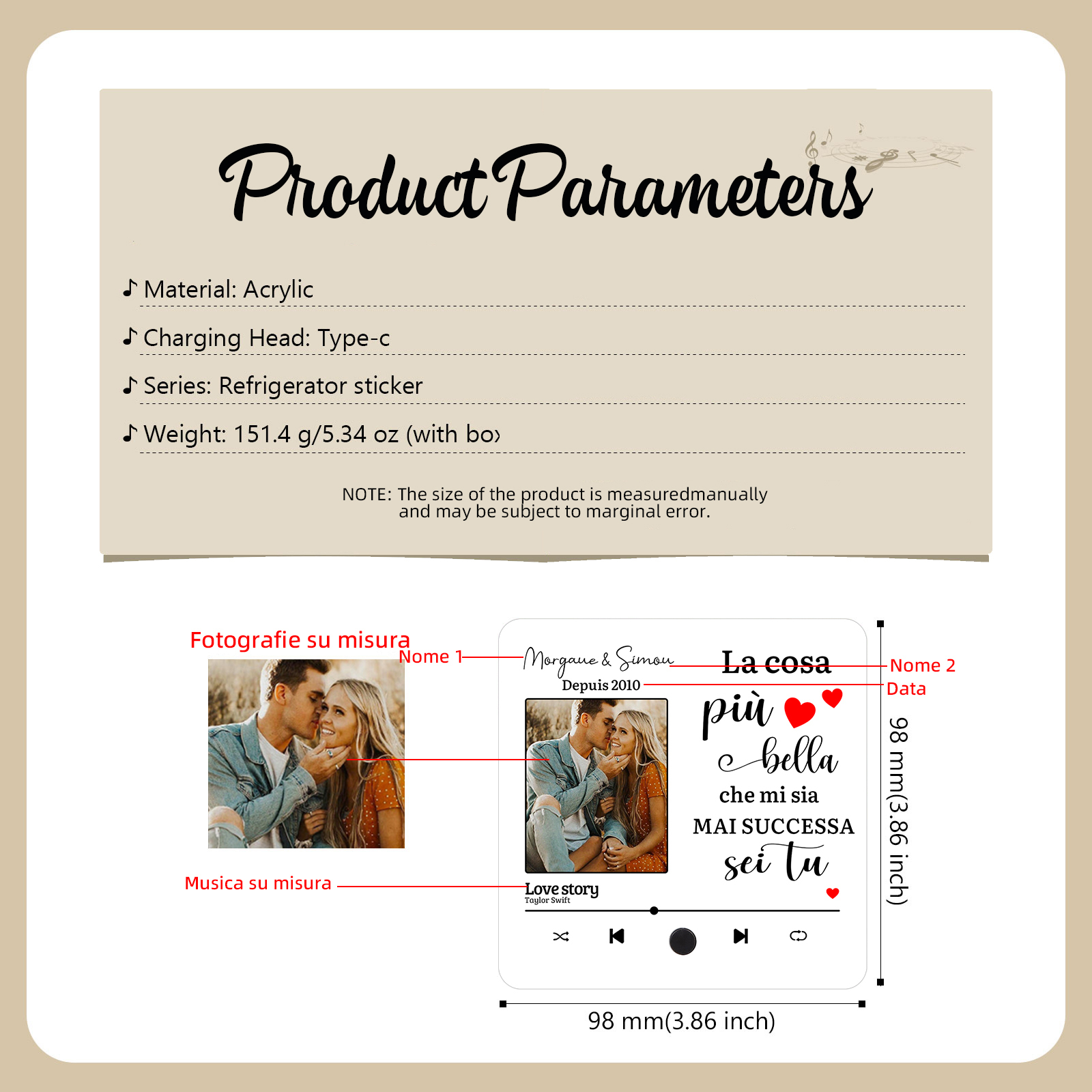 Magnete Personalizzato da Frigorifero con 2 Nomi, 1 Foto, 1 Data e 1 Canzone Preferita – “La Cosa Più Bella che mi sia Mai Successa Sei Tu” – Regalo di San Valentino per Lui/Lei | Jessemade