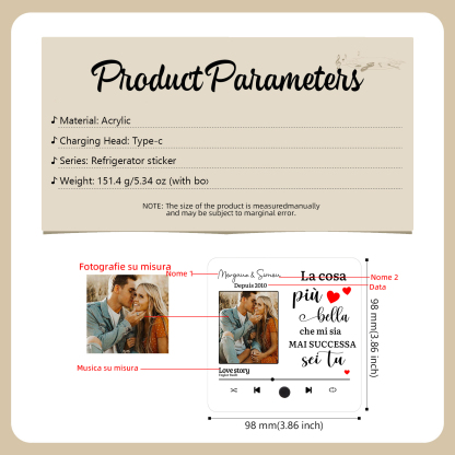 Magnete Personalizzato da Frigorifero con 2 Nomi, 1 Foto, 1 Data e 1 Canzone Preferita – “La Cosa Più Bella che mi sia Mai Successa Sei Tu” – Regalo di San Valentino per Lui/Lei | Jessemade