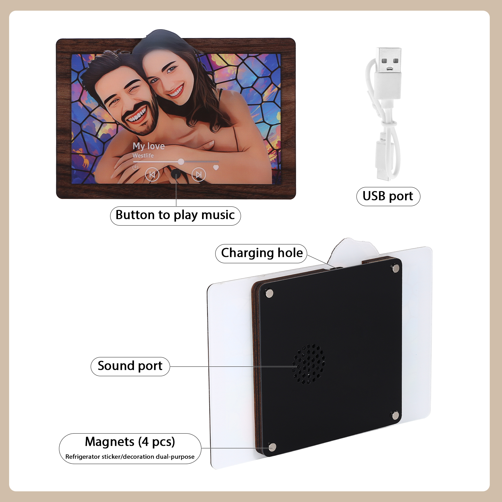 Personalised Music Photo Refrigerator Magnet - Customised with 1 Image & 1 Song, "Stained Glass Memories" Design, Valentine’s Day Gift for Couples | Jessemade