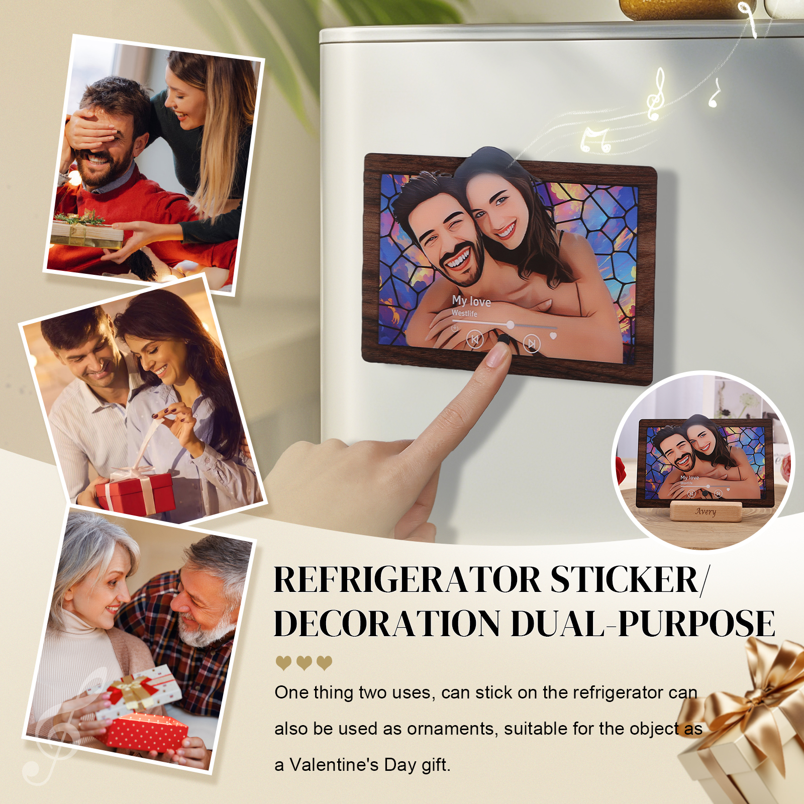 Personalised Music Photo Refrigerator Magnet - Customised with 1 Image & 1 Song, "Stained Glass Memories" Design, Valentine’s Day Gift for Couples | Jessemade