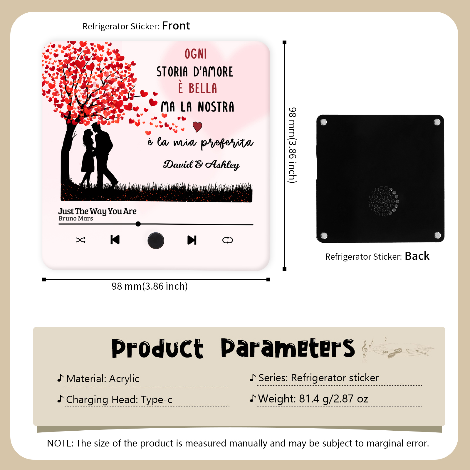 Magnete Musicale da Frigorifero Personalizzato – Con 2 Nomi e 1 Canzone, Design "Ogni Storia d’Amore è Bella ma la Nostra è la Mia Preferita", Regalo di San Valentino per Lei/Lui | Jessemade