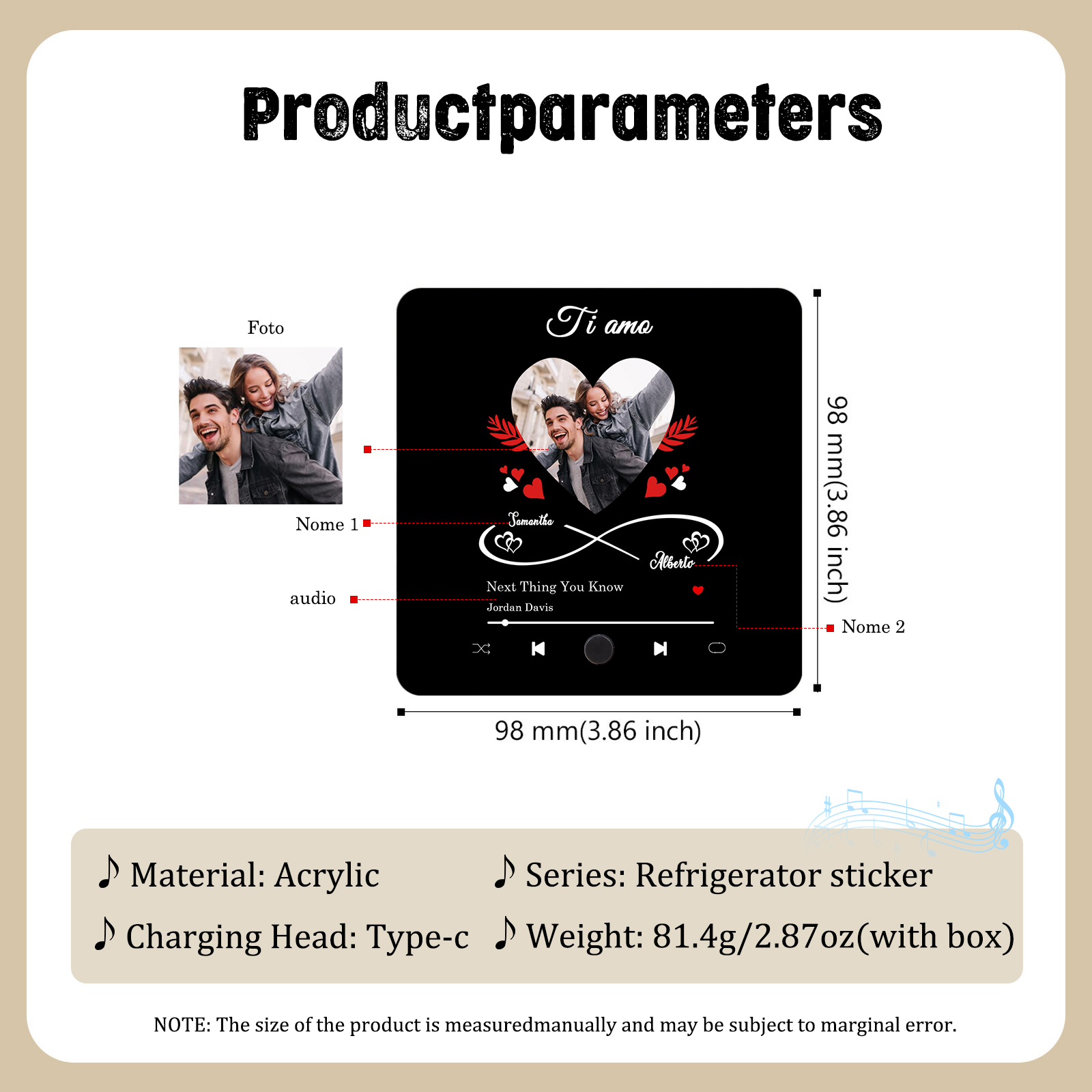 Magnete Musicale da Frigorifero Personalizzato – Con 2 Nomi, 1 Foto e 1 Canzone, Design "Ti Amo" con Cuore e Simbolo di Infinito, Regalo di San Valentino per Lei/Lui | Jessemade
