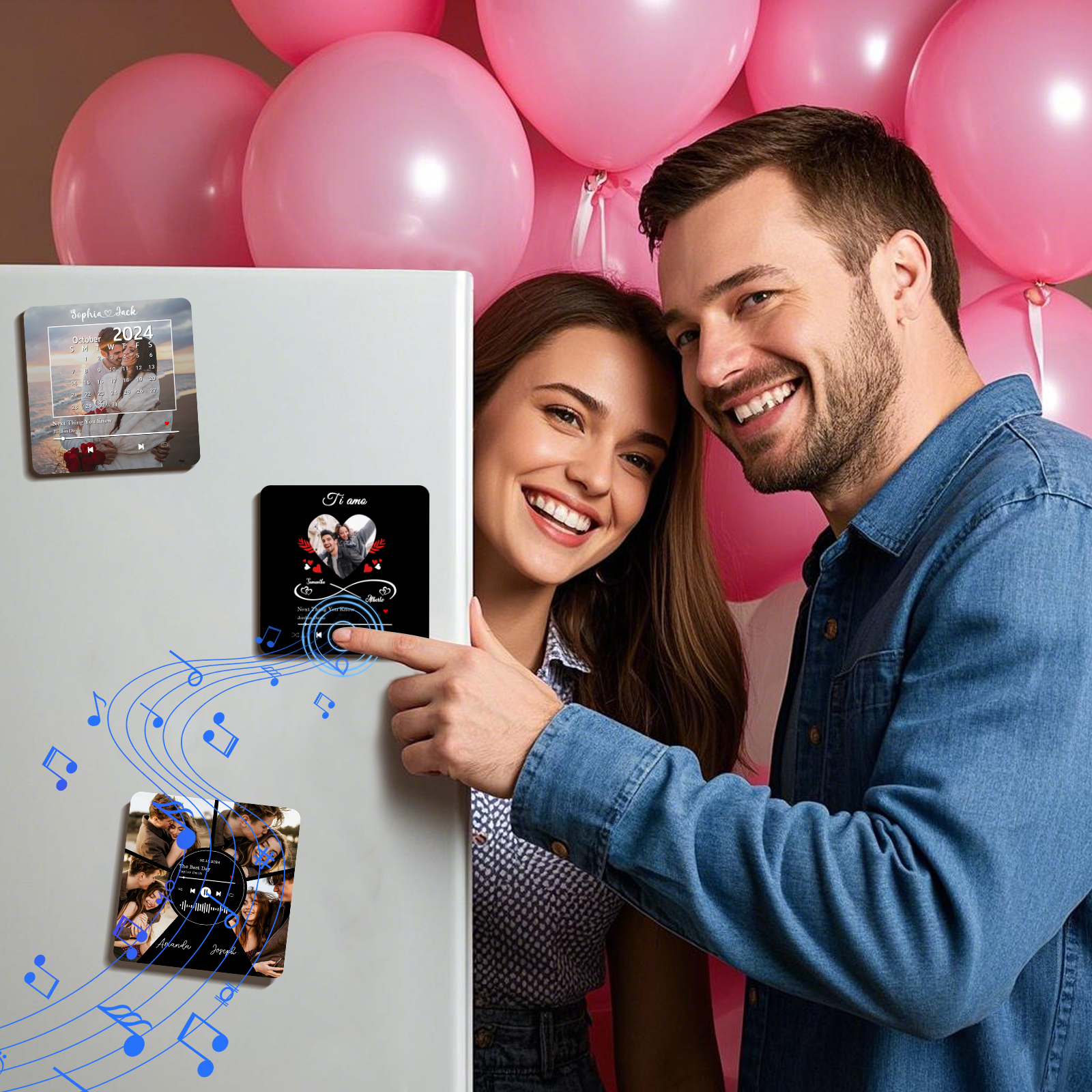 Magnete Musicale da Frigorifero Personalizzato – Con 2 Nomi, 1 Foto e 1 Canzone, Design "Ti Amo" con Cuore e Simbolo di Infinito, Regalo di San Valentino per Lei/Lui | Jessemade