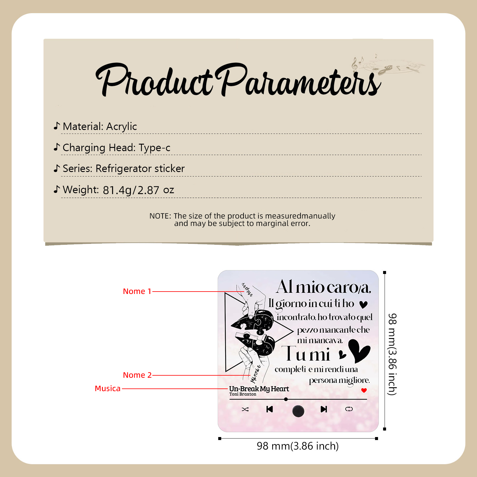 Magnete da Frigorifero Musicale Personalizzato - con 2 Nomi e 1 Canzone, Design "Il Giorno in Cui Ti Ho Incontrato" - Regalo di San Valentino per Lei/Lui | Jessemade