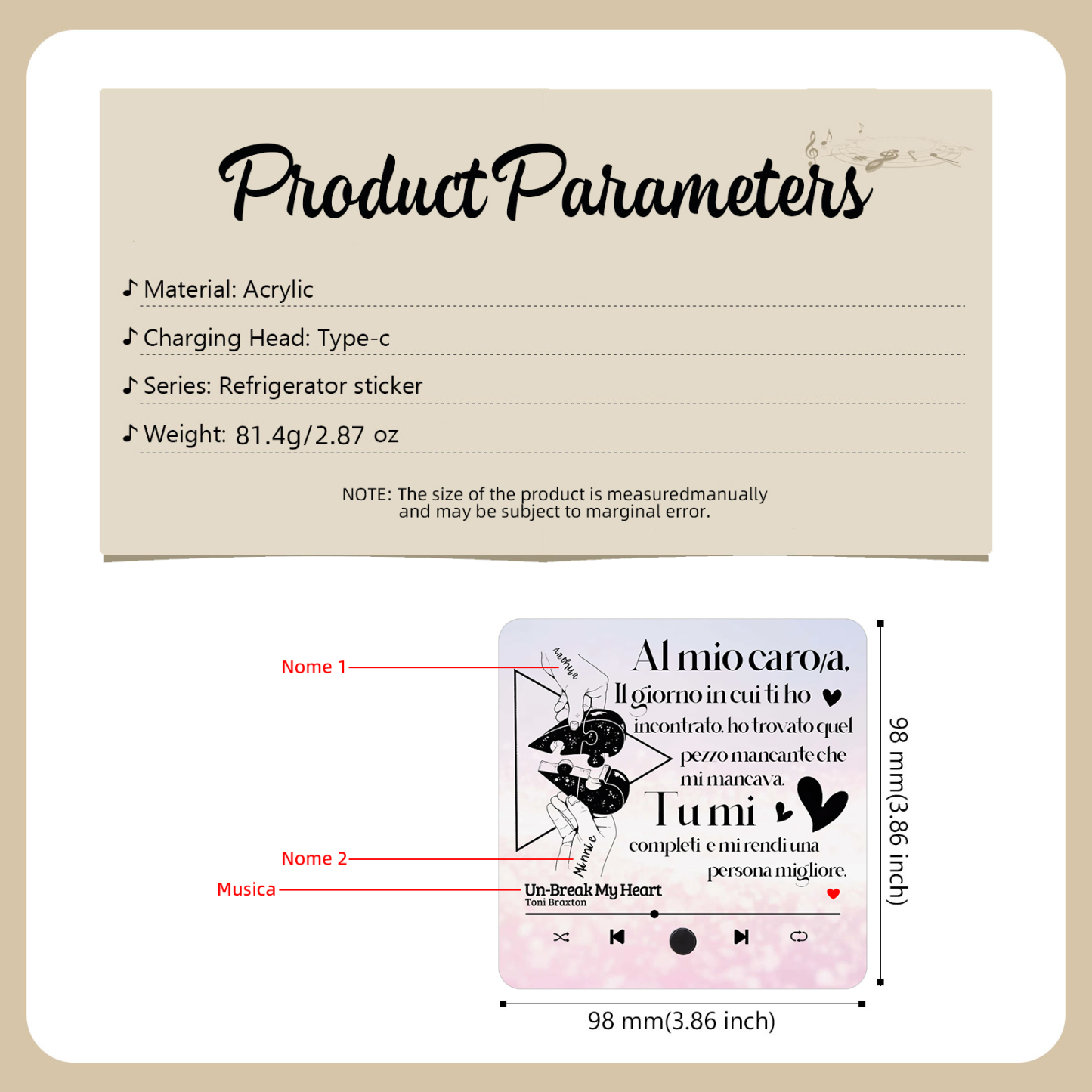 Magnete da Frigorifero Musicale Personalizzato - con 2 Nomi e 1 Canzone, Design "Il Giorno in Cui Ti Ho Incontrato" - Regalo di San Valentino per Lei/Lui | Jessemade