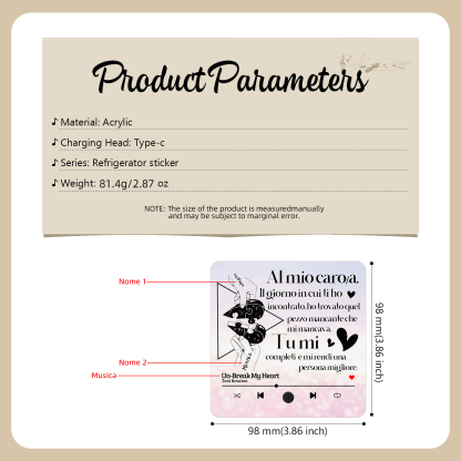 Magnete da Frigorifero Musicale Personalizzato - con 2 Nomi e 1 Canzone, Design "Il Giorno in Cui Ti Ho Incontrato" - Regalo di San Valentino per Lei/Lui | Jessemade