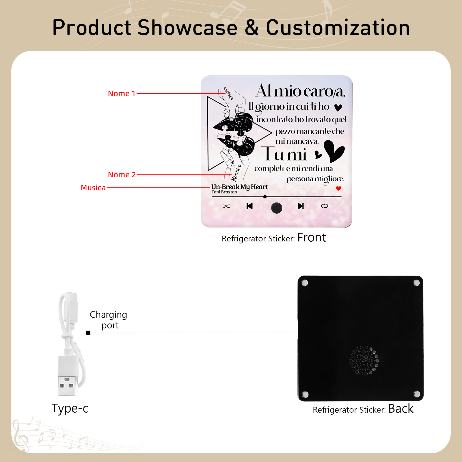 Magnete da Frigorifero Musicale Personalizzato - con 2 Nomi e 1 Canzone, Design "Il Giorno in Cui Ti Ho Incontrato" - Regalo di San Valentino per Lei/Lui | Jessemade