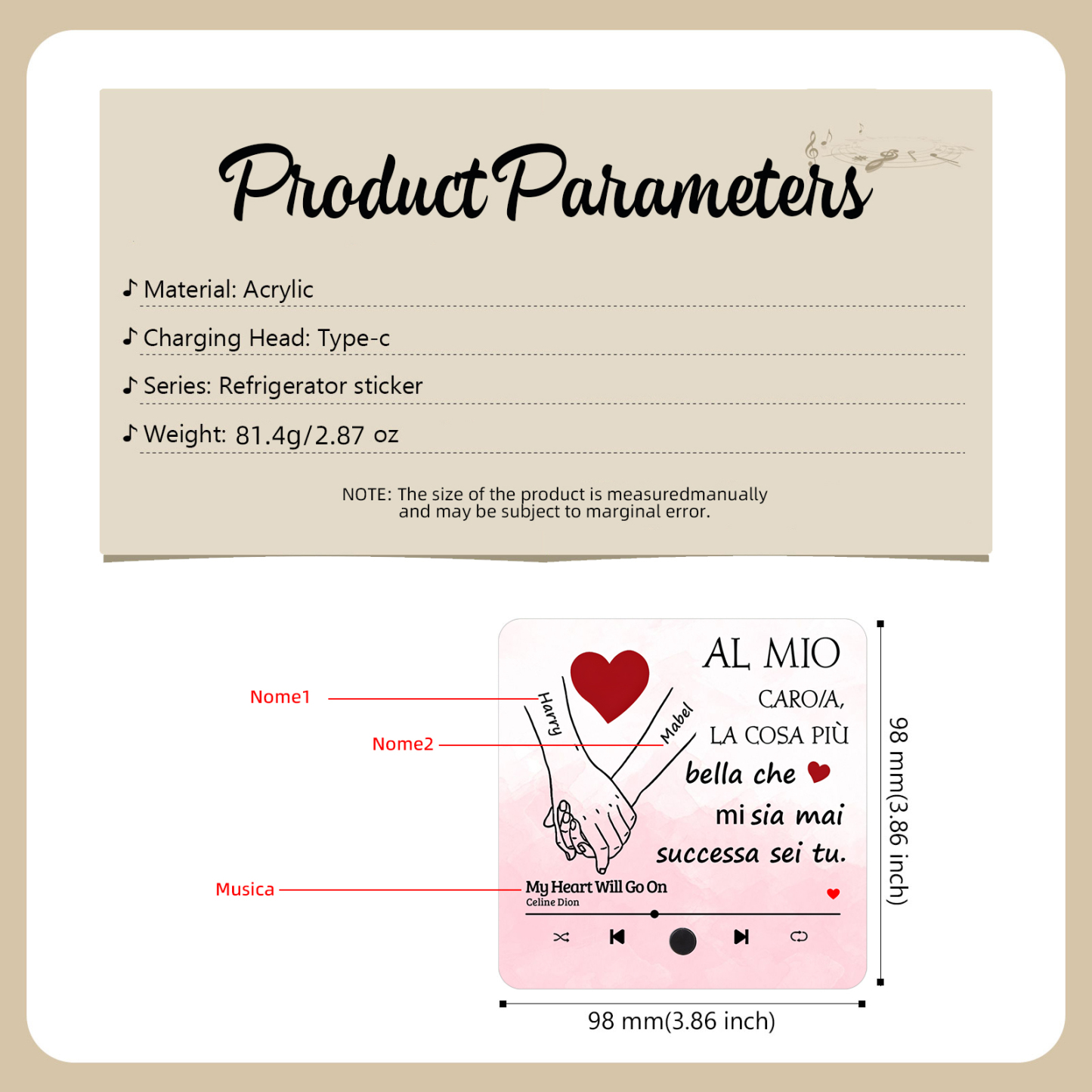 Magnete da Frigorifero Musicale Personalizzato - con 2 Nomi e 1 Canzone, Design "Al Mio Caro/a, La Cosa Più Bella Che Mi Sia Mai Successa Sei Tu" - Regalo di San Valentino per Lei/Lui | Jessemade