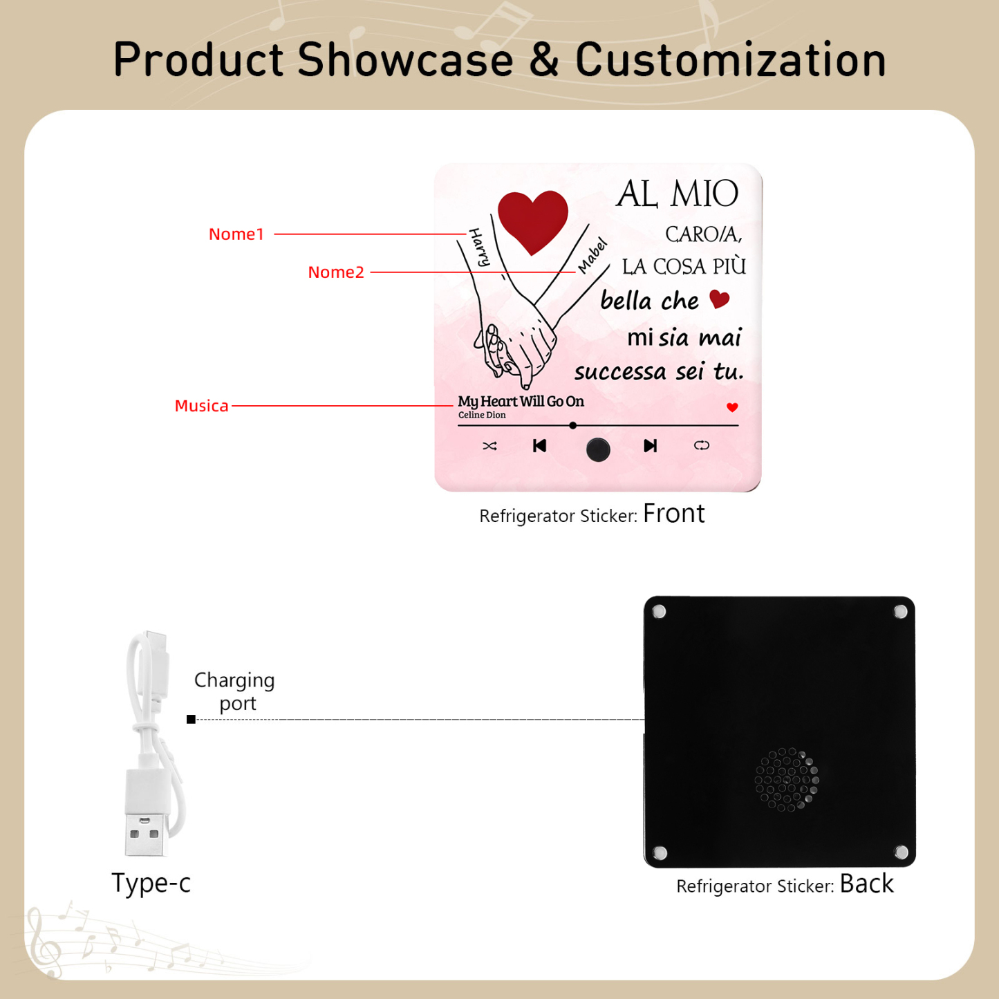 Magnete da Frigorifero Musicale Personalizzato - con 2 Nomi e 1 Canzone, Design "Al Mio Caro/a, La Cosa Più Bella Che Mi Sia Mai Successa Sei Tu" - Regalo di San Valentino per Lei/Lui | Jessemade