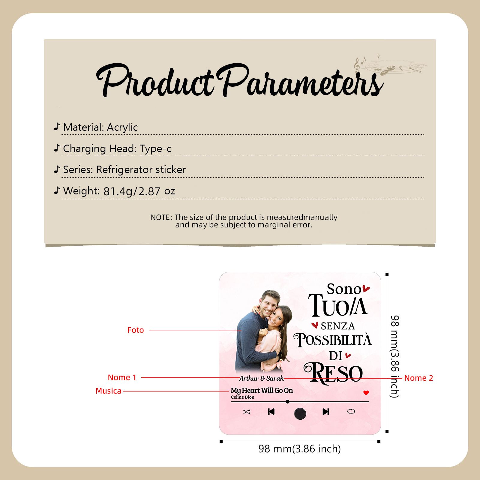 Personalised Music Refrigerator Magnet - Customized with 2 Names, 1 Photo & 1 Song, "I’m Yours, No Returns or Refunds" Design, Valentine’s Day Gift for Couple | Jessemade