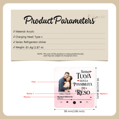 Personalised Music Refrigerator Magnet - Customized with 2 Names, 1 Photo & 1 Song, "I’m Yours, No Returns or Refunds" Design, Valentine’s Day Gift for Couple | Jessemade