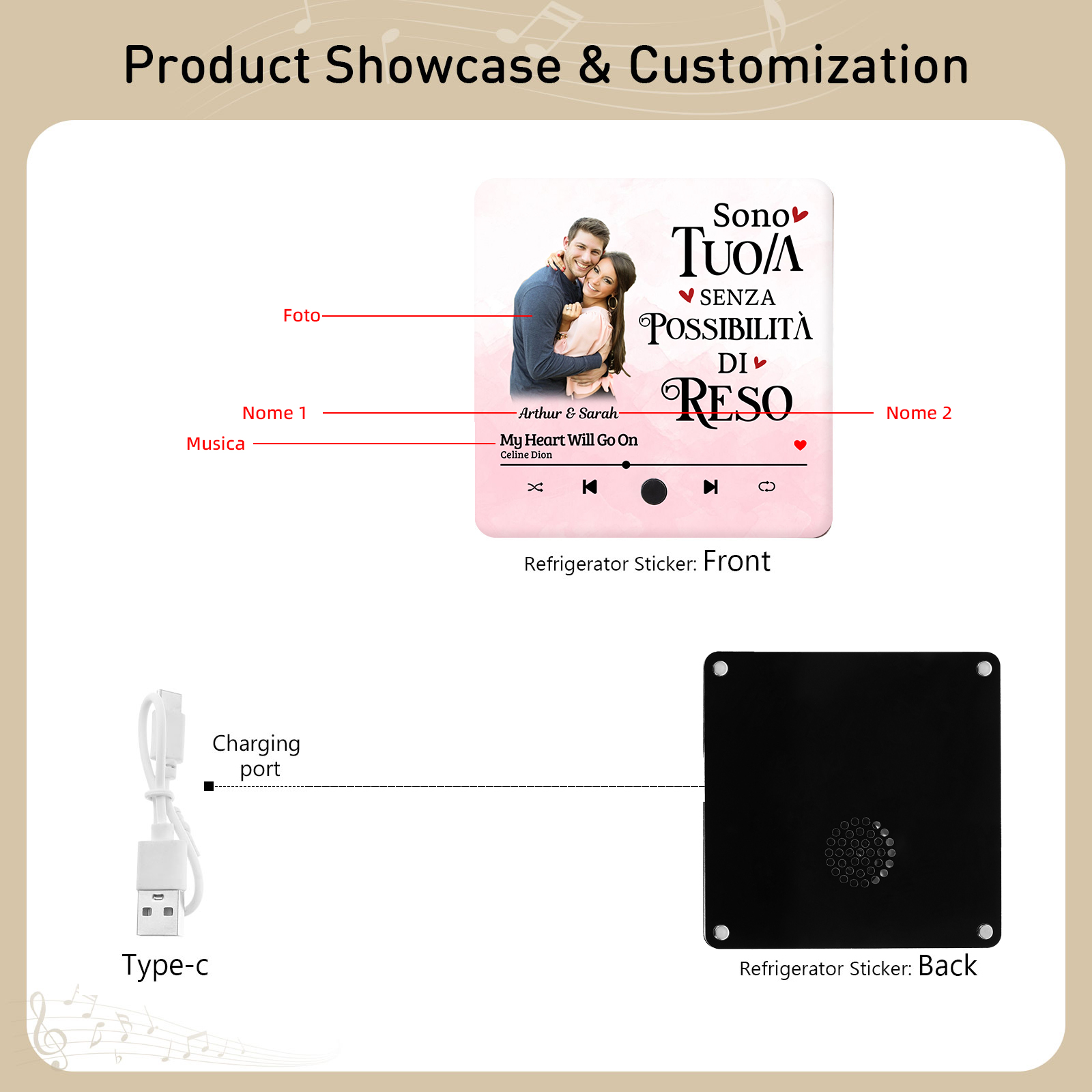 Personalised Music Refrigerator Magnet - Customized with 2 Names, 1 Photo & 1 Song, "I’m Yours, No Returns or Refunds" Design, Valentine’s Day Gift for Couple | Jessemade