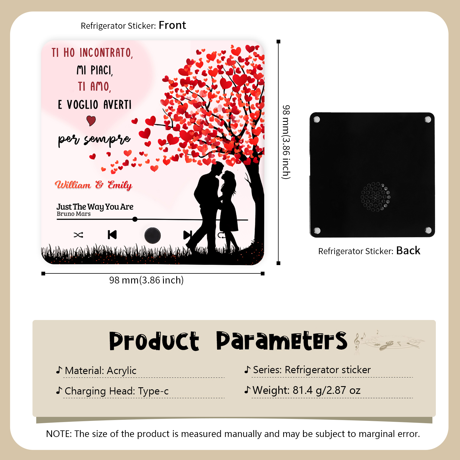 Magnete Musicale da Frigorifero Personalizzato – Con 2 Nomi e 1 Canzone, Design "Albero dell’Amore", Frase “Ti amo e ti voglio per sempre”, Regalo di San Valentino per Lei/Lui | Jessemade