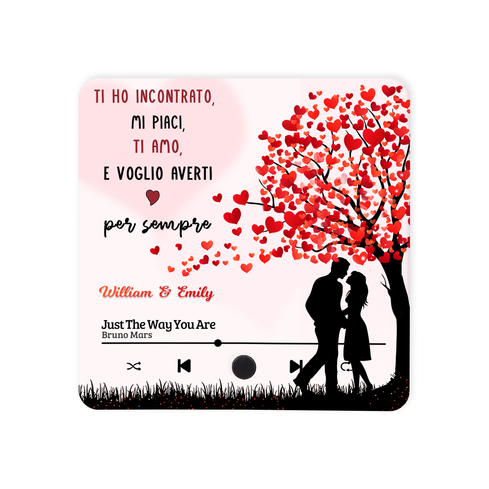 Magnete Musicale da Frigorifero Personalizzato – Con 2 Nomi e 1 Canzone, Design "Albero dell’Amore", Frase “Ti amo e ti voglio per sempre”, Regalo di San Valentino per Lei/Lui | Jessemade