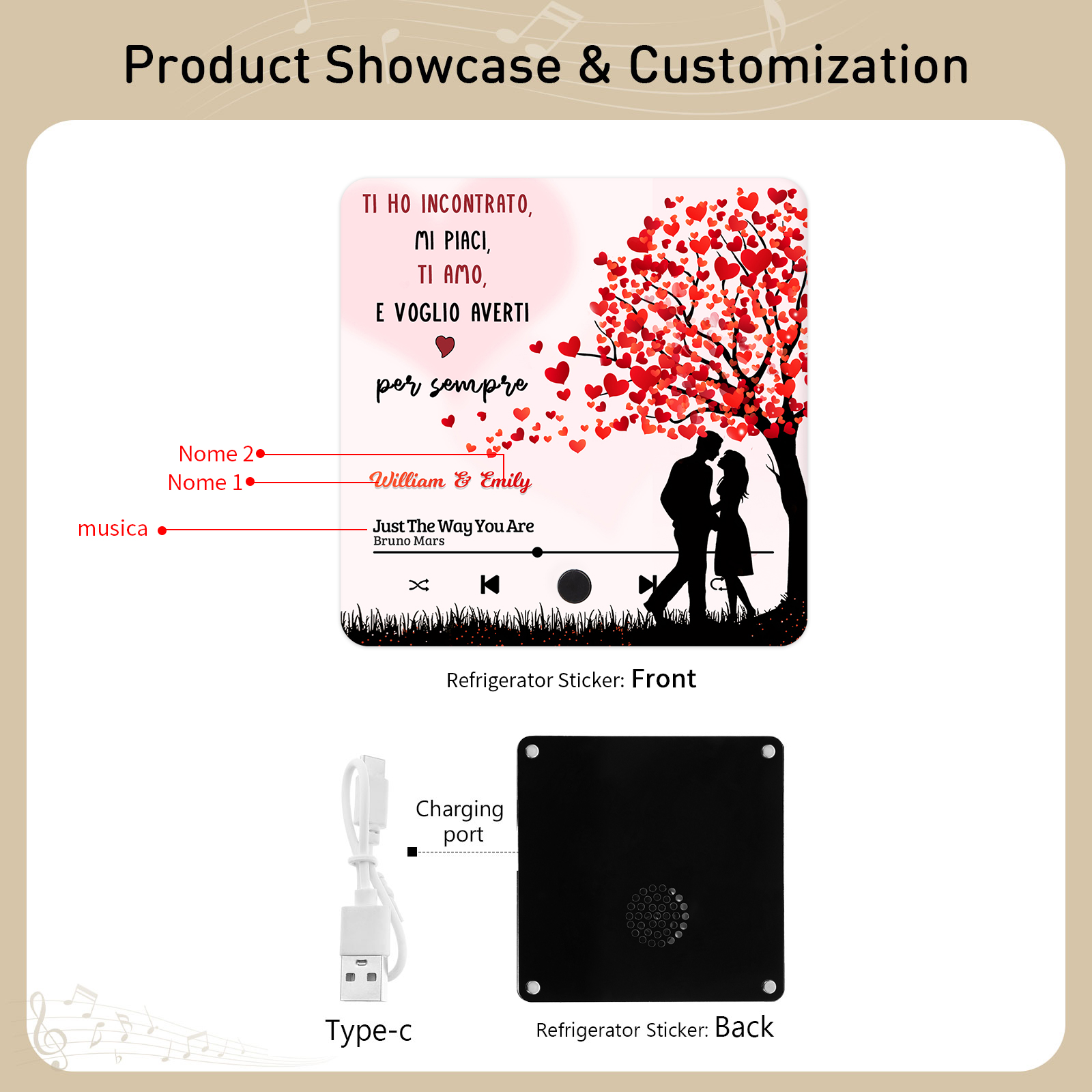 Magnete Musicale da Frigorifero Personalizzato – Con 2 Nomi e 1 Canzone, Design "Albero dell’Amore", Frase “Ti amo e ti voglio per sempre”, Regalo di San Valentino per Lei/Lui | Jessemade