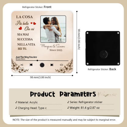 Magnete Musicale da Frigorifero Personalizzato – Con 2 Nomi, 1 Foto, 1 Data e 1 Canzone, Frase “La Cosa Più Bella Che Mi Sia Mai Successa Sei Tu”, Regalo di San Valentino per Lei/Lui | Jessemade