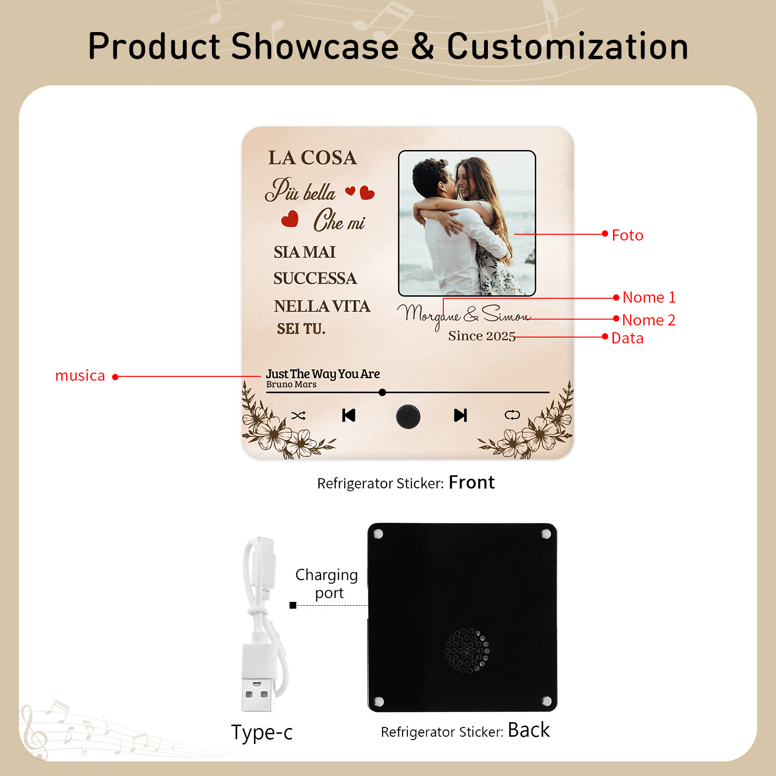 Magnete Musicale da Frigorifero Personalizzato – Con 2 Nomi, 1 Foto, 1 Data e 1 Canzone, Frase “La Cosa Più Bella Che Mi Sia Mai Successa Sei Tu”, Regalo di San Valentino per Lei/Lui | Jessemade