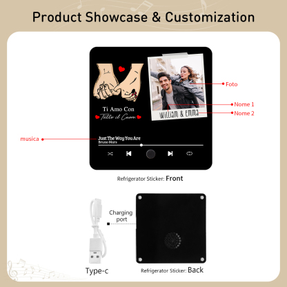 Magnete da Frigorifero Musicale Personalizzato - Con 2 Nomi, 1 Foto e 1 Canzone, Design “Ti Amo Con Tutto il Cuore” - Regalo di San Valentino per Lei/Lui | Jessemade